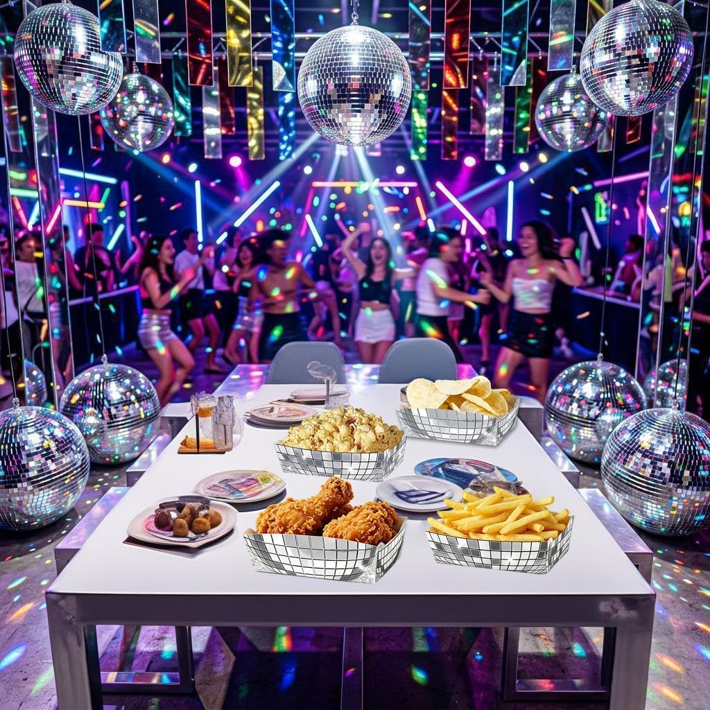 24 Pcs Silver Food Trays for Disco Party Decorations