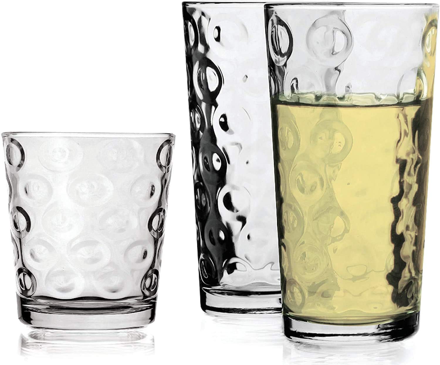 Circleware DoubleCircle Huge Glassware Set of Highball Tumbler Drinking Glasses and Whiskey Cups for Water, Beer, Juice, Ice Tea Beverages, 16 Piece Assortment, 8-15.75 oz & 8-12.5 oz, Circles