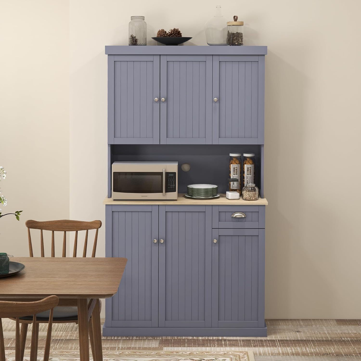 71" Black Modern Farmhouse Kitchen Pantry Storage Cabinet with Hutch