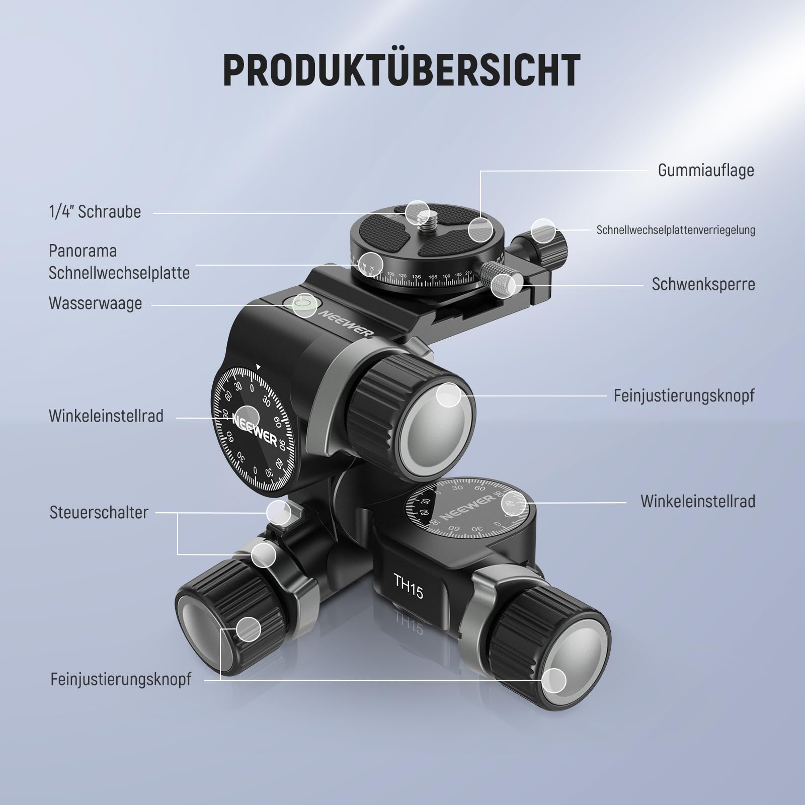 NEEWER TH15 3 Wege Stativkopf mit Getriebe, 3 Achsen Schwenk Neigekopf aus Alu. mit Grob und Feineinstellung, 360°Pan Arca Schnellwechselplatte Millimeter Feineinstellung Reinigungstuch max. Last 6kg