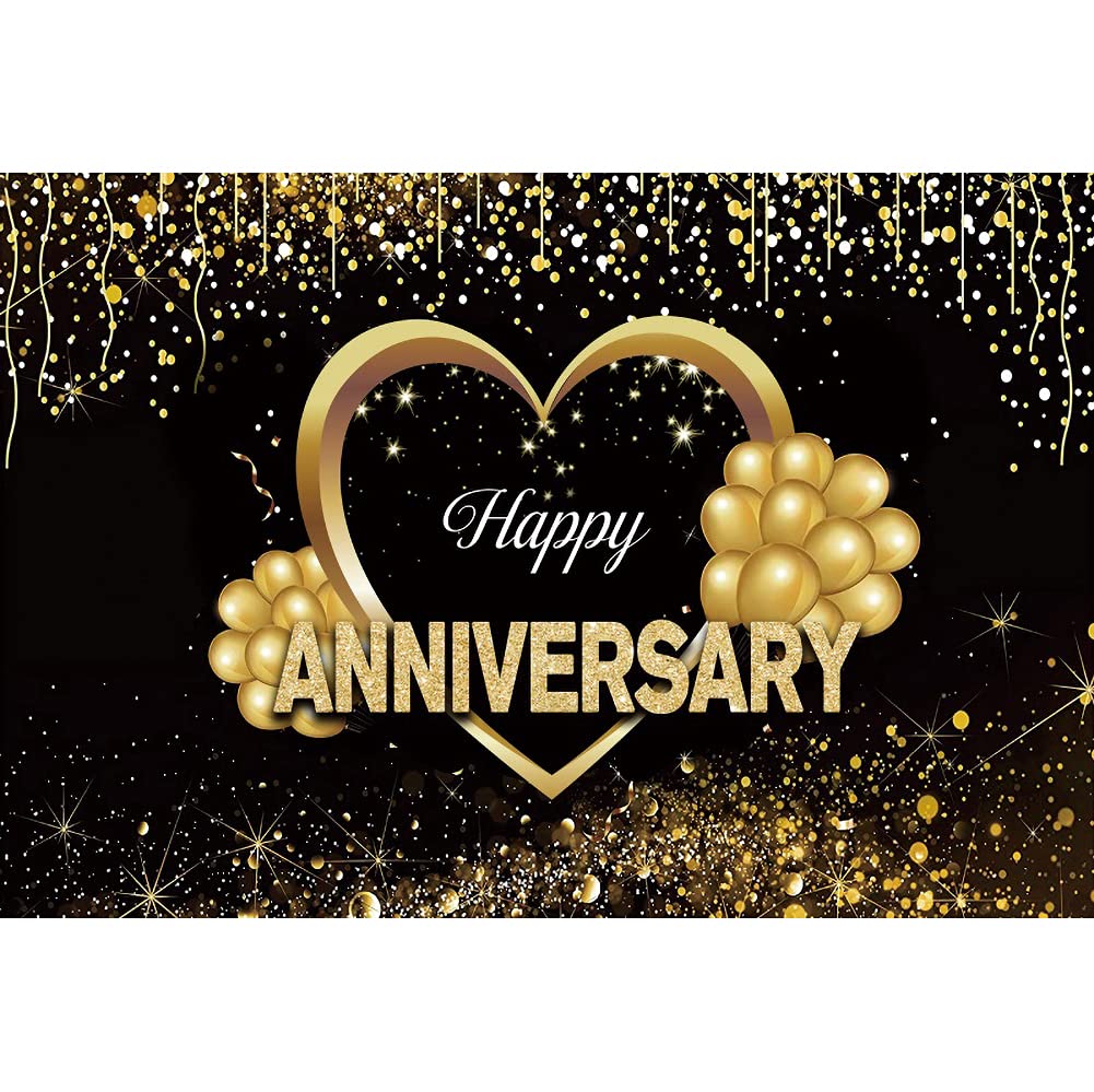 Laeacco Happy Anniversary Backdrop 10x8ft Black and Gold Theme Party Photography Background Gold Glitter Heart Balloons Wedding Anniversary Party