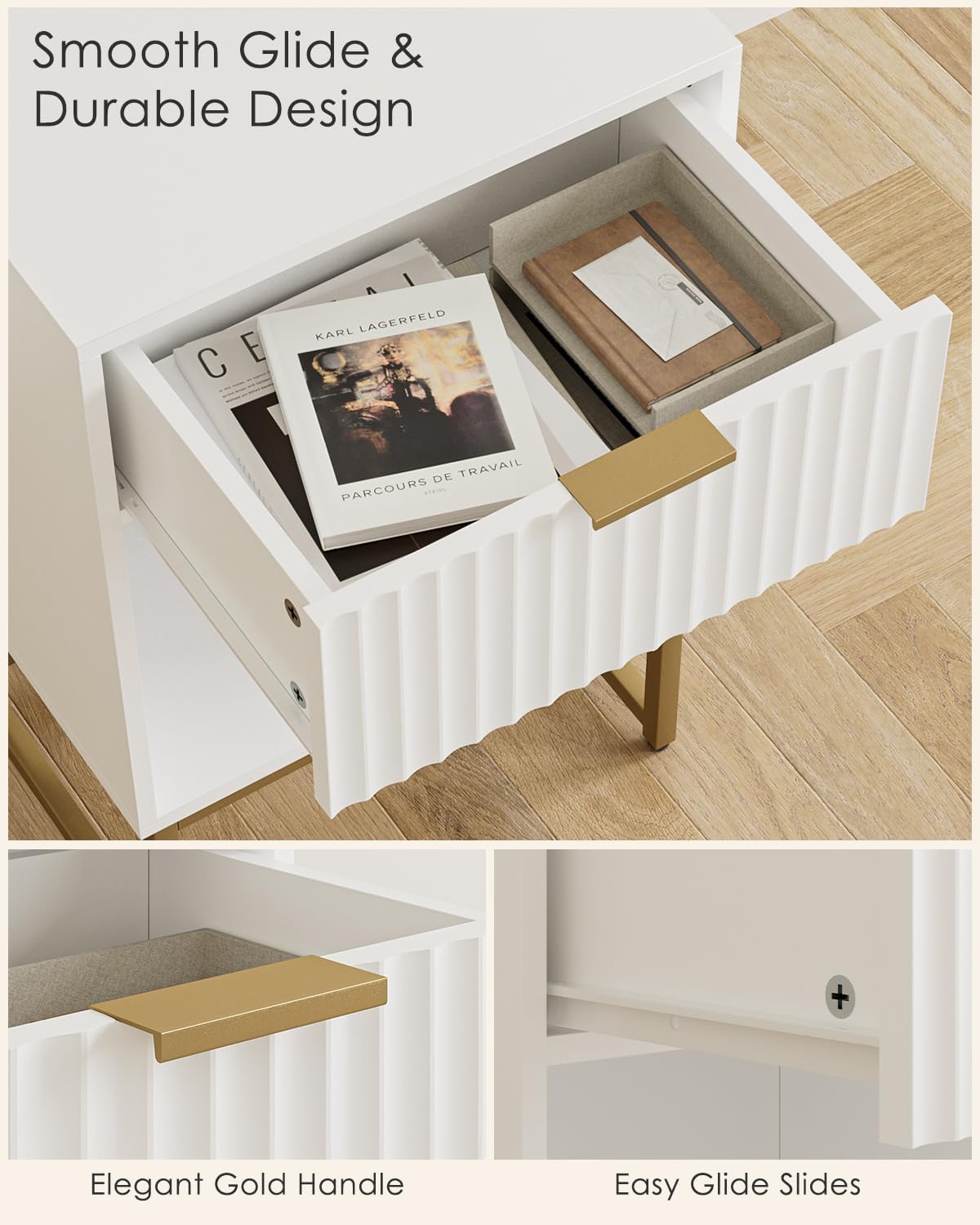 Masupu White Nightstand, Fluted Night Stand, Wood Bedside Table with Storage Drawer, Modern Side End Table for Bedroom, White