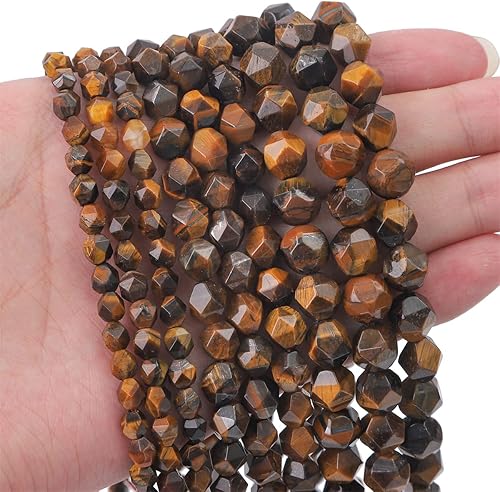 Miniatura 6 de BEADIA Cuentas redondas de ojo de tigre amarillo natural facetadas 0.315 in 14.2 inStrand para la fabricación de joyas