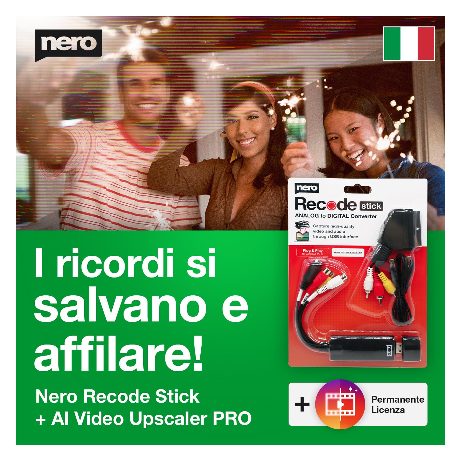 Nero – Salva i Tuoi Ricordi | VHS Video Grabber + Adattatore SCART + AI Video Upscaler Unlimited | Digitalizza VHS, S-VHS, Hi8, Super 8 | Migliora la Qualità fino a HD/4K | 1 PC | Windows 11/10