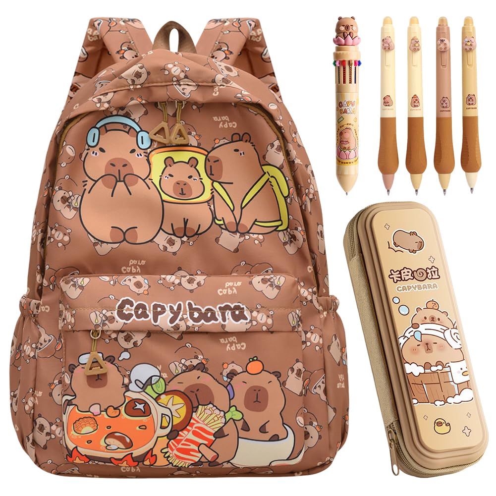 Capybara Backpack for Children, Capybara School Bag with Pencil Case, 4 Erasable Ballpoint Pen, 12 in 1 Multicolor Pen Adjustable Rucksack Stationery Schoolbag Toddler Daypack School Book Bag for Kids