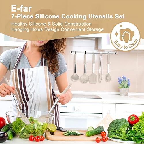 Miniatura 7 de E-far Juego de utensilios de cocina de silicona, 7 piezas de utensilios de cocina resistentes al calor con mango de acero inoxidable, espátula