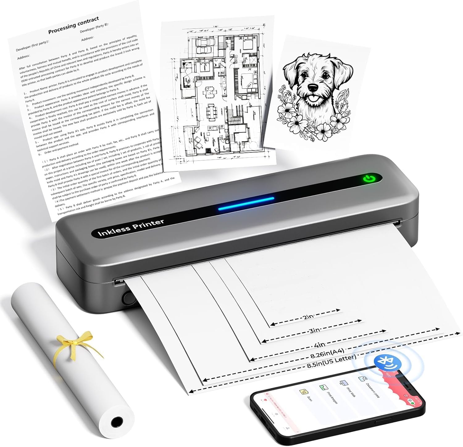 wireless inkless thermal printer, bluetooth mobile printer for phone | portable travel printer with 300 dpi, supports us letter thermal paper, compatible with mac/windows/laptop