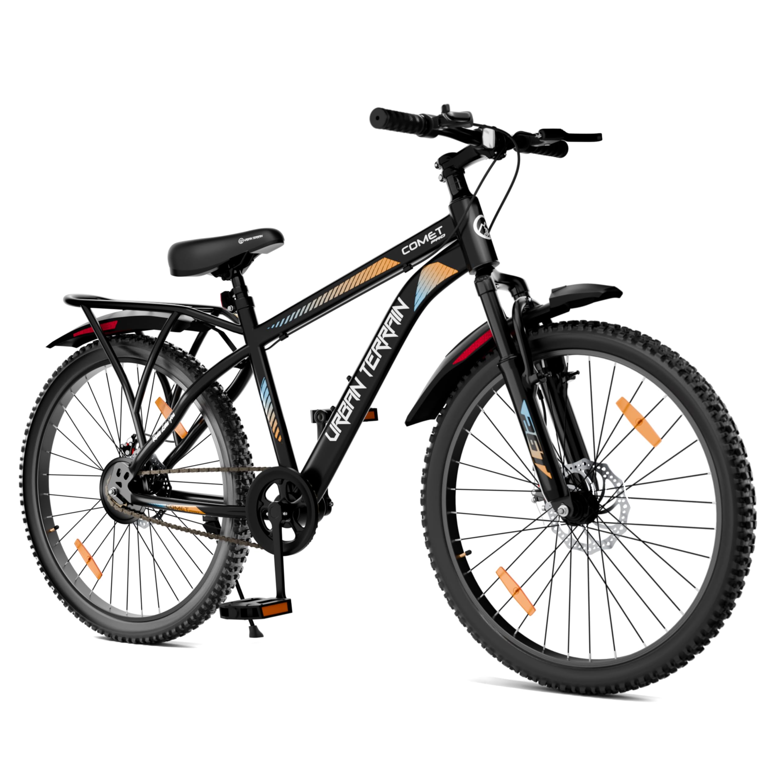 Urban Terrain Comet Pro 26T Steel Mountain Cycle for Adults with Inbuilt Carrier & Dual Disc Brakes | Single Speed MTB Bike, Frame Size 17 inch | Rider Height 5 ft–5.7 ft, Unisex (Black)-image-49
