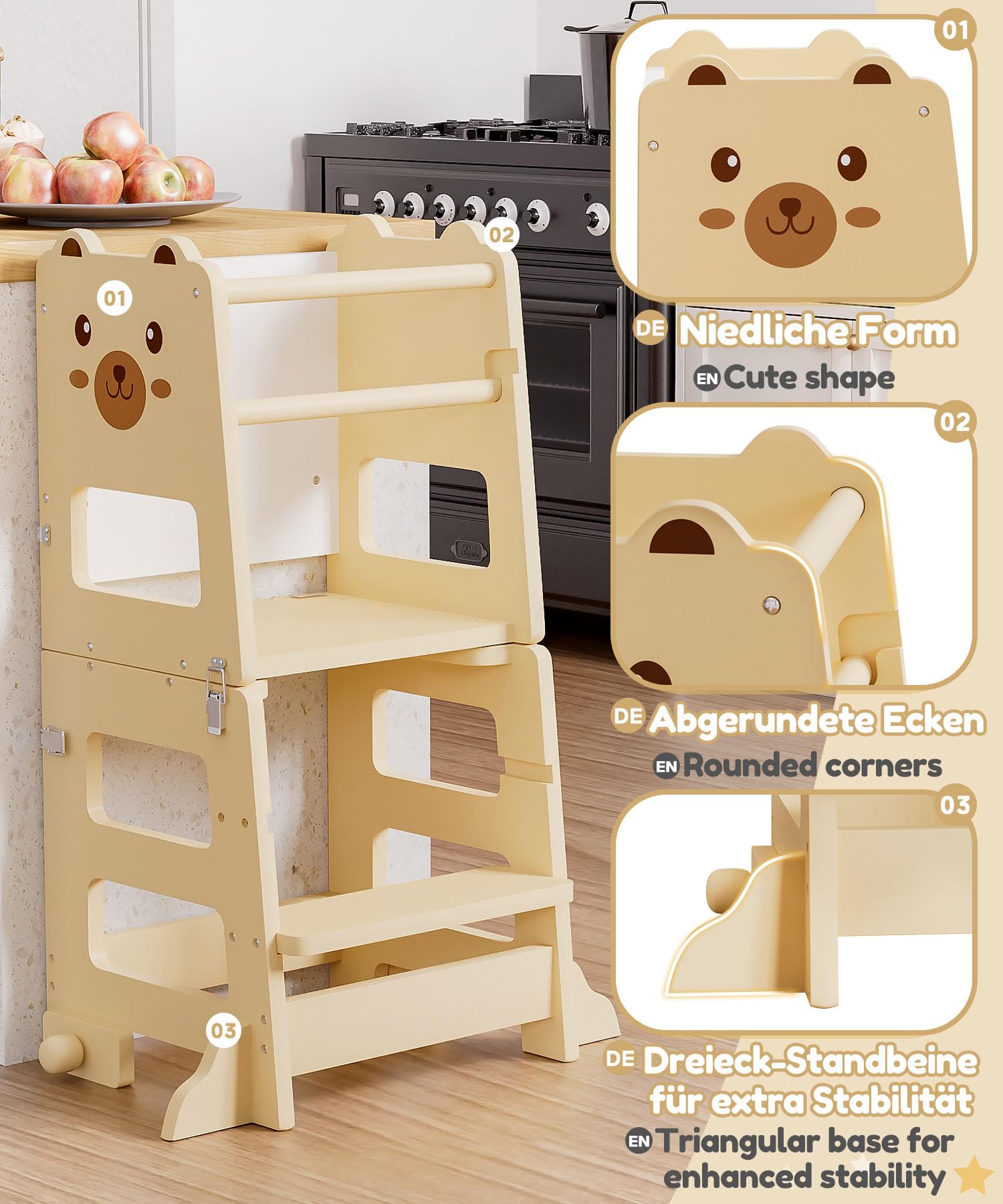 Yorbay Lernturm ab 1 Jahr Klappbar: 2 in 1 Montessori Learning Tower für Kinder mit Tafel - Tritthocker Verwandelbar in Kindertisch Lernstuhl - für Küche Bad und Kinderzimmer