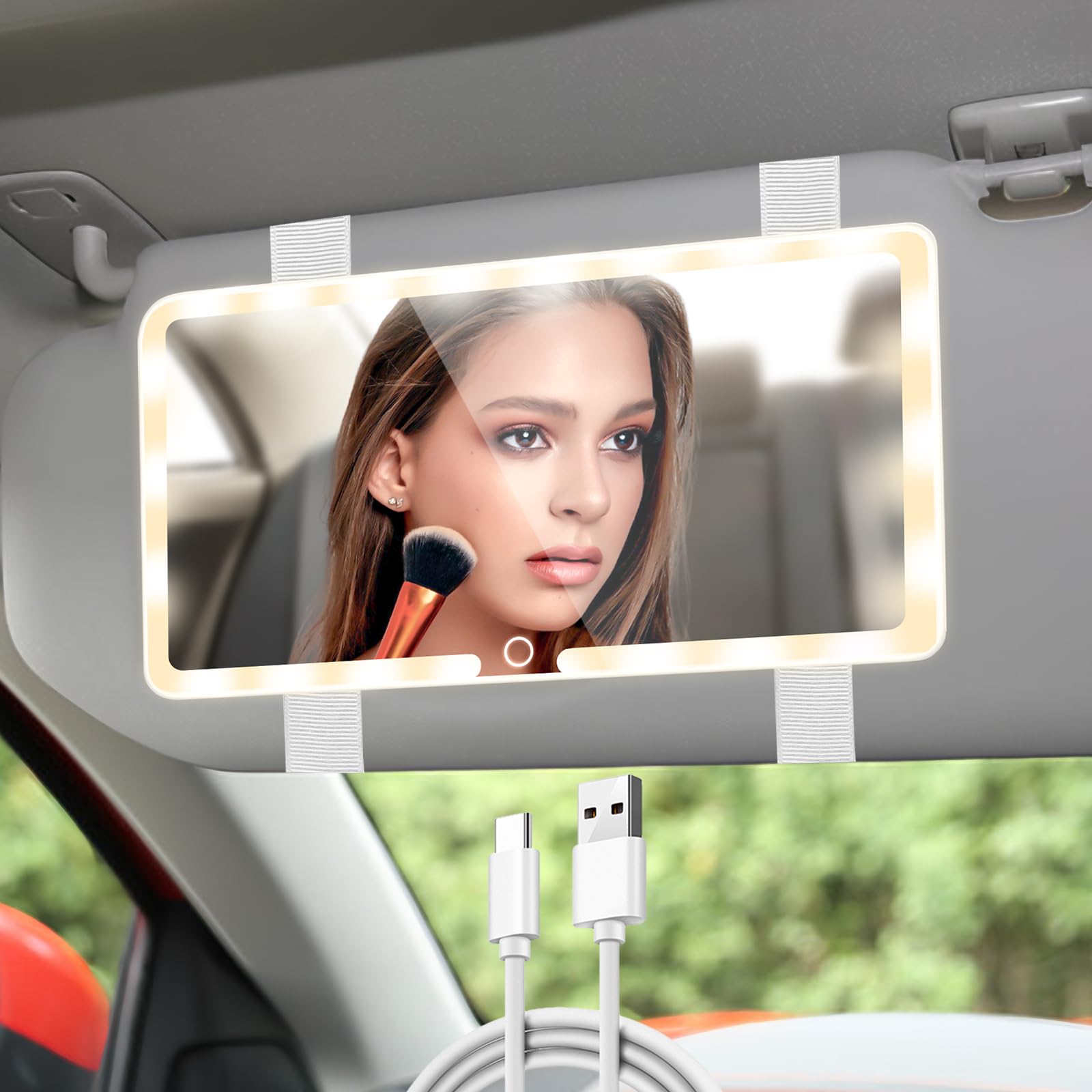 Espejo cosmético para coche, parasol con 3 modos de iluminación, espejo de maquillaje LED, con cierres de velcro, tipo C, recargable, universal, para la mayoría de los coches, color blanco