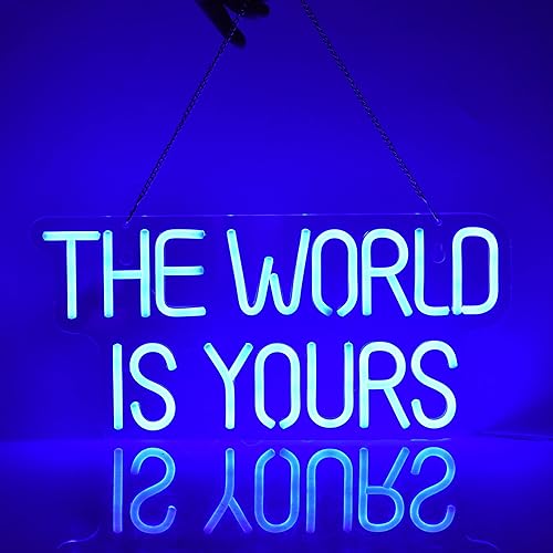 Letrero de pared con interruptor de luz LED regulable de 17 x 8 pulgadas, con luz LED de color azul neón con texto en inglés "The World is Yours",