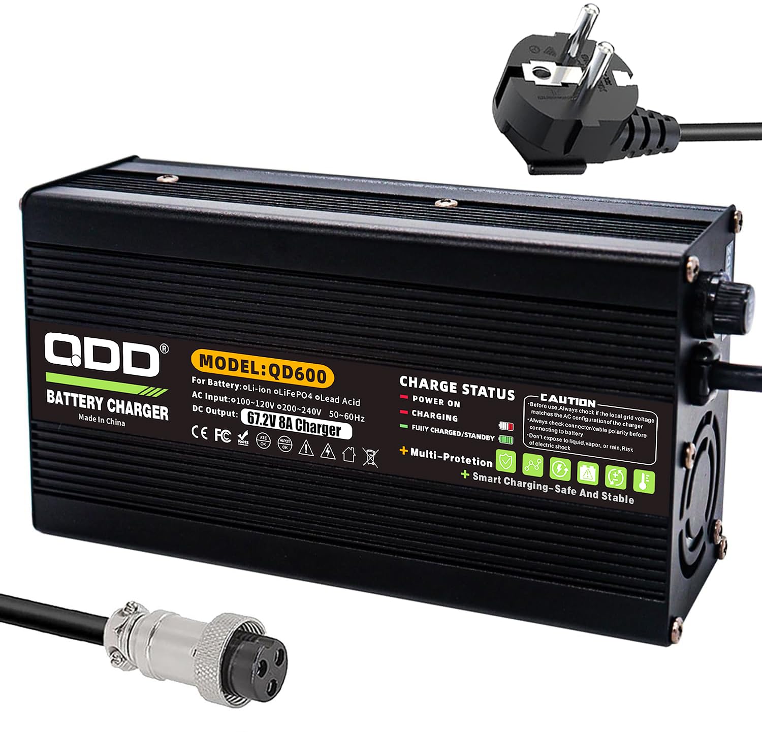 QDD Chargeur Intelligent De Batterie Li-ION 67,2 V 8 A avec Boîtier en Aluminium Noir et Sortie de Ventilateur de Refroidissement GX16 1+3 Prises pour Batterie Li-ION 16 S 60 V