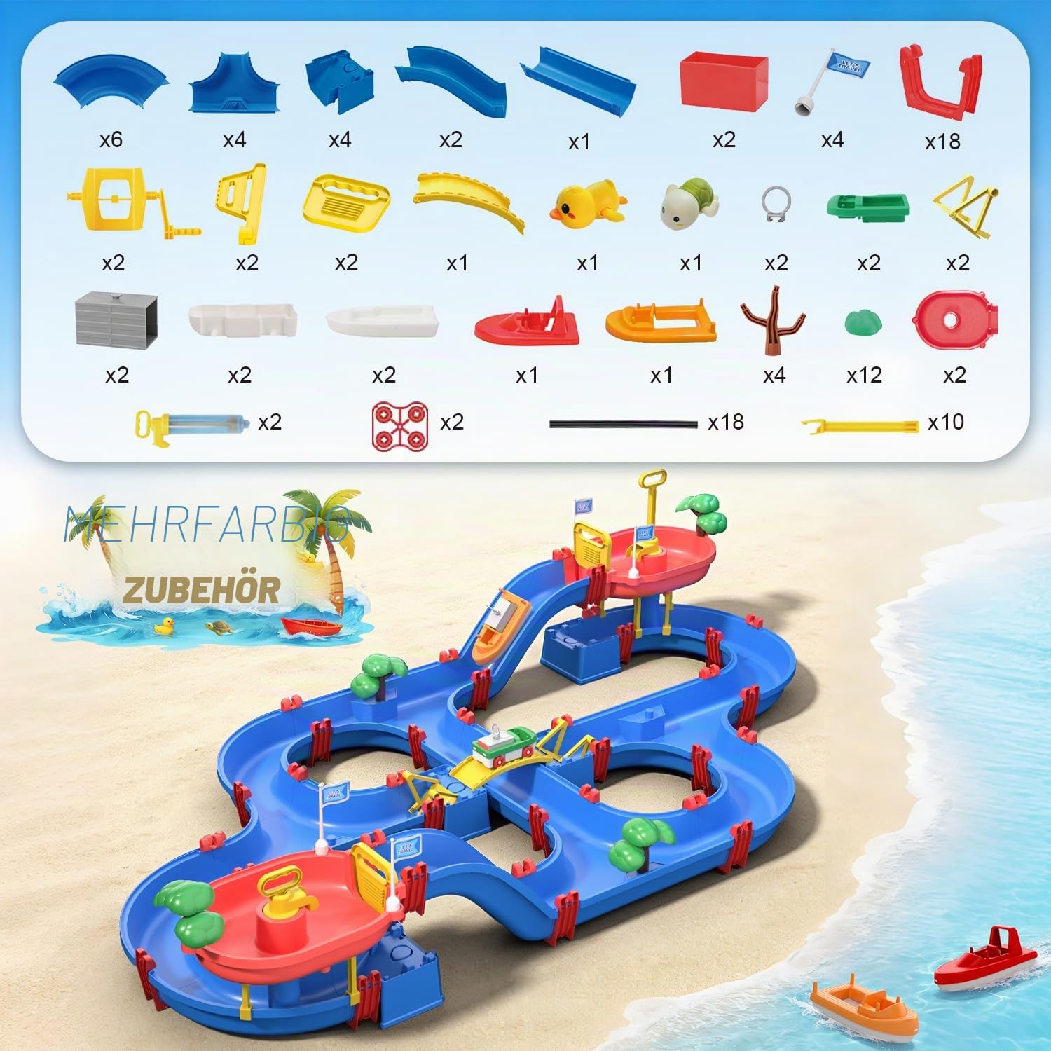 VATOS Kinder-Outdoor-Wasserräder-Spielzeug, 120 Stück, DIY-Wassertisch, Strandspielzeug auf Hinterhof, Rasen, Park, Pool, Wasserstraße, Spielzeug mit 2 Booten, Sommer-Outdoor-Aktivitätsfuns für