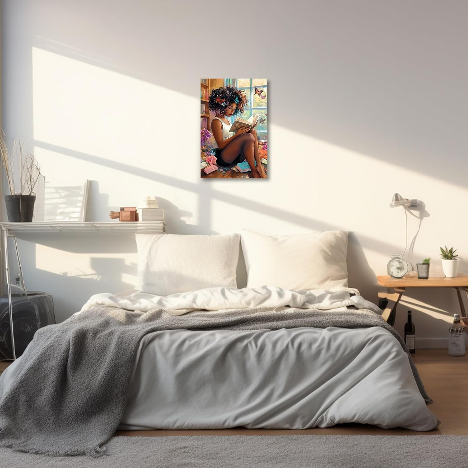 XLMDYYSW African American Wall Art Colourful Black Girl Reading Book Pictures Black Woman Canvas Prints Watercolor Butterfly Painting for Bedroom Decor Framed (Black, 18L x 12W)