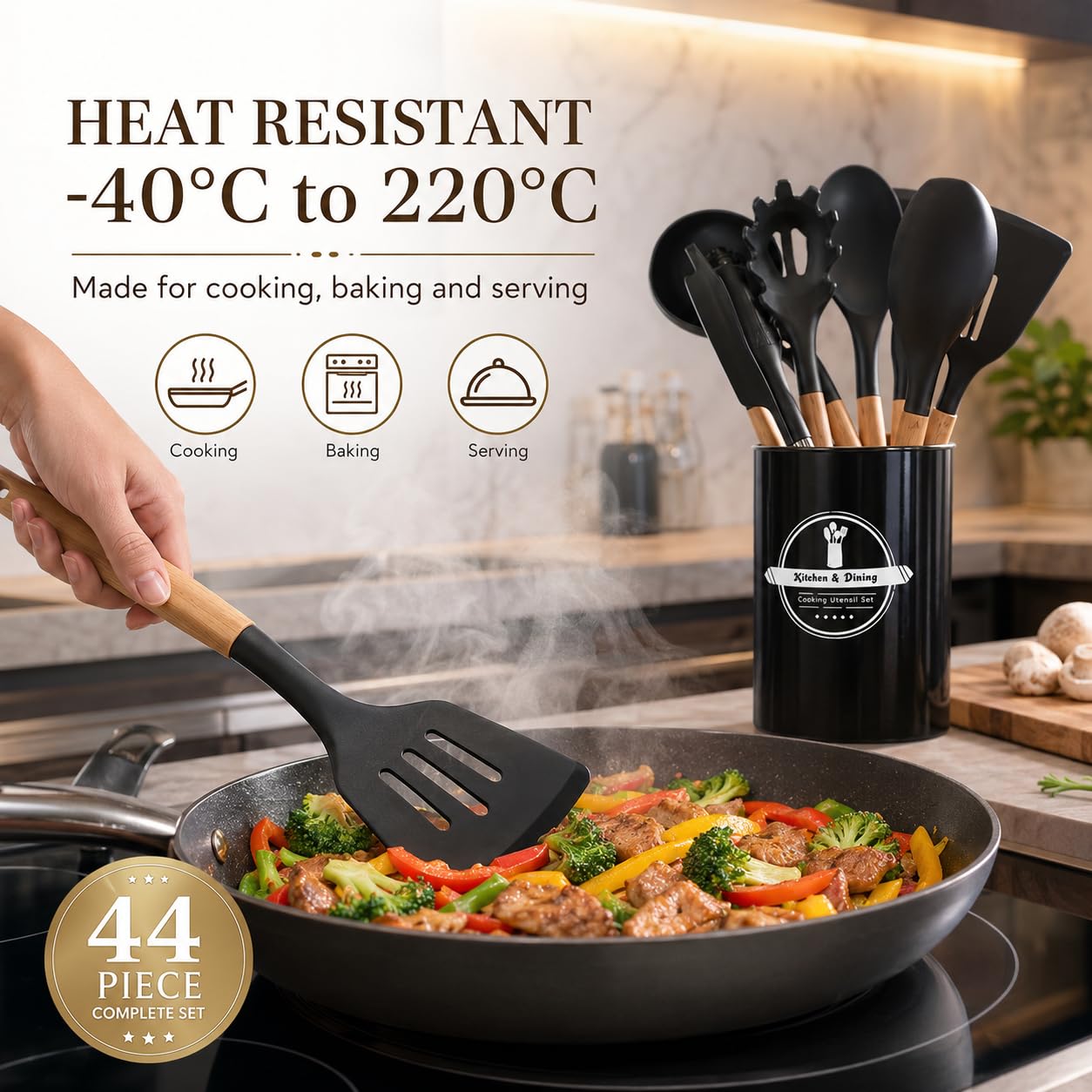 32/44 Küchenhelfer-Set aus lebensmittelechtem Silikon mit Halter, Koch- und Backutensilien, Messbechern und Löffeln, hitzebeständig bis 220 °C, spülmaschinenfest, antihaftbeschichtet