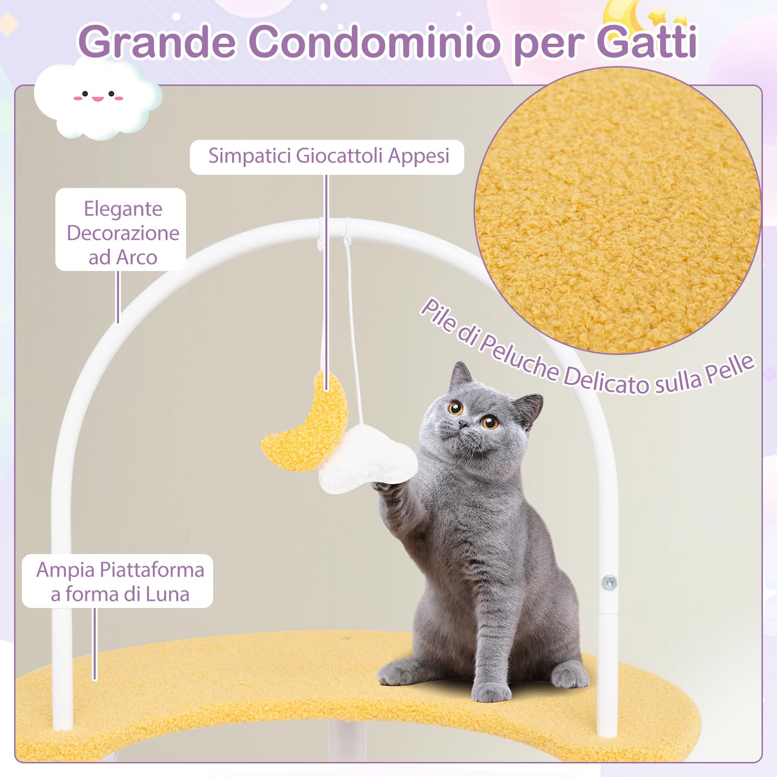 GYMAX Albero per Gatti, 60 x 60 x 158 cm, Torre Tiragraffi per Gatti Grandi Medi Piccoli, Piattaforma per Saltare, Giochi Appesi, Tunnel, Casetta, Struttura, Metallica Robusta