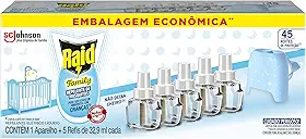 Raid Repelente Eletrico Líquido Family, 45 Noites de Proteção, Kit 1 Aparelho e 5 Refis de 32,9ml
