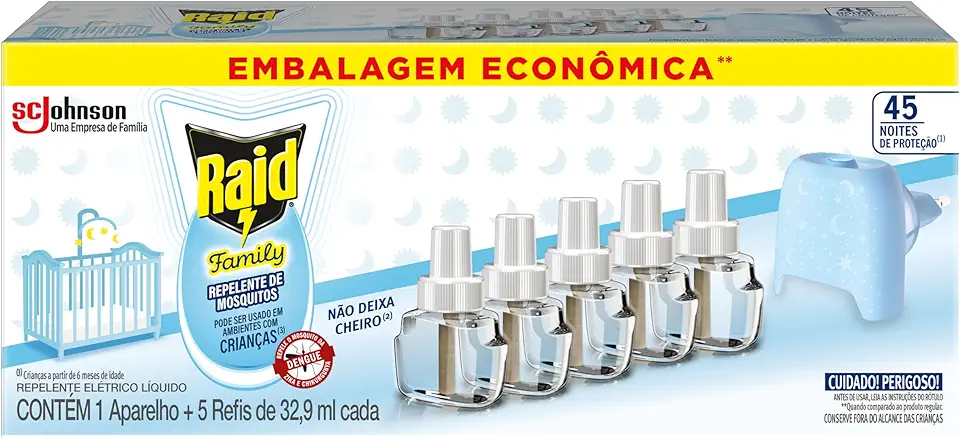 Raid Repelente Eletrico Líquido Family, 45 Noites, Kit 1 Aparelho e 5 Refis de 32,9ml