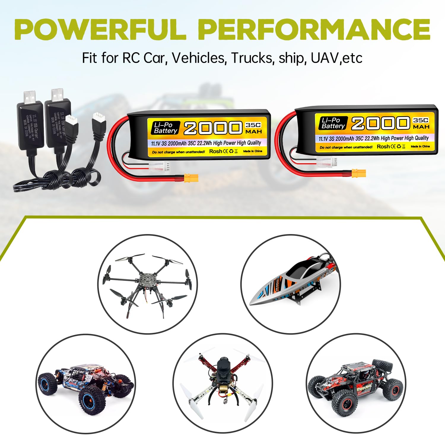2PCS 3S Lipo11.1V 2000mAh 35C Batería con Enchufe XT30 con Cable de Carga USB para Buque de Control Remoto de Camiones automotrices RC vehículo de Cuatro rotores RC dron FPV