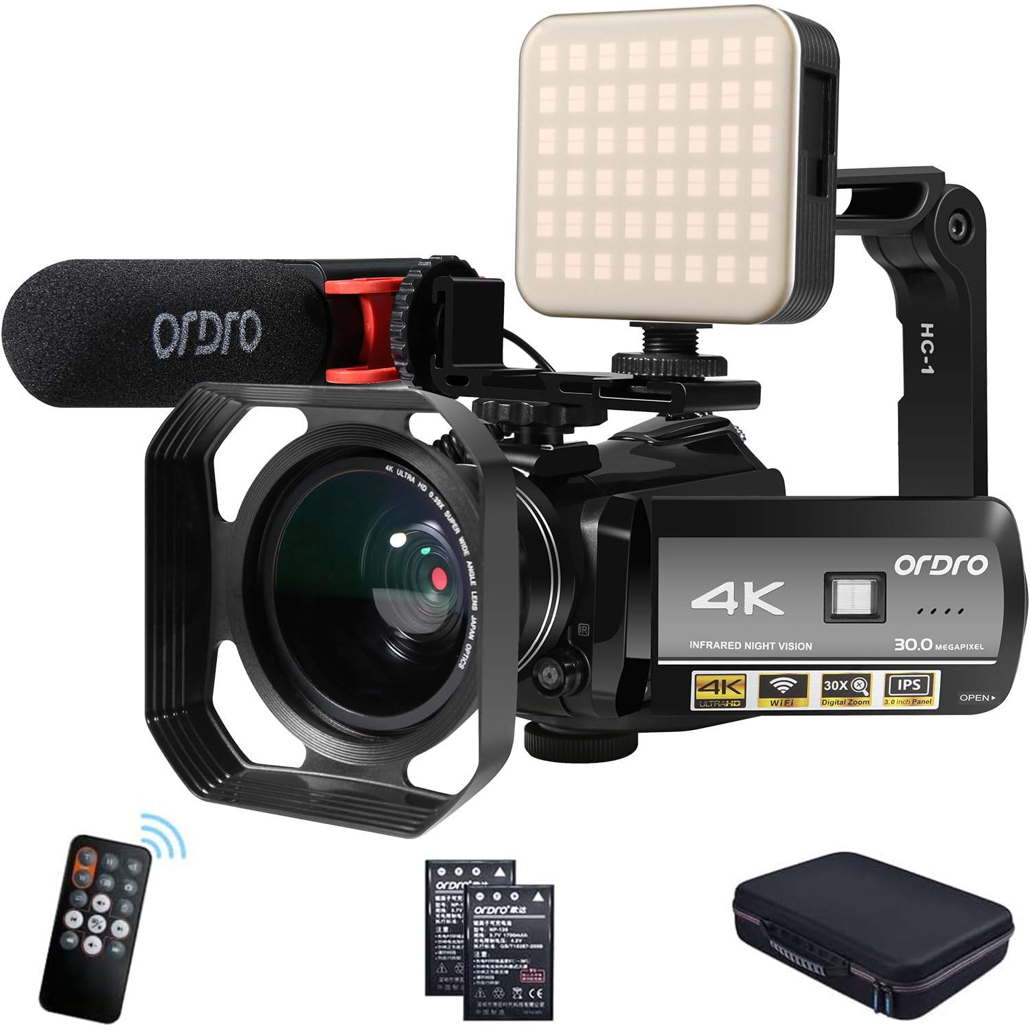 ORDRO 4K Videokamera, 1080P 60FPS Vlogging-Kamera, 30x Zoom, 3,1" IPS