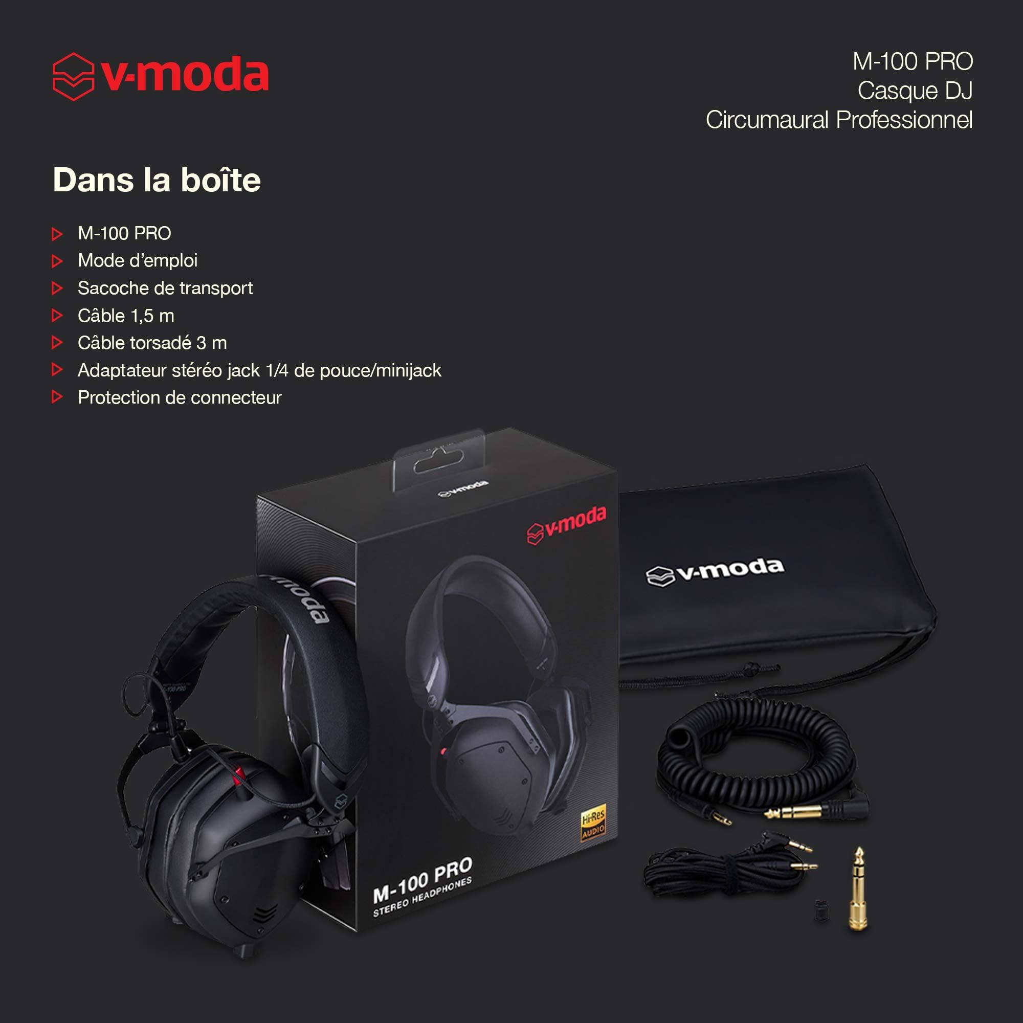 V-Moda M-100 PRO | Casque professionnel circumaural pour DJ | Conçu pour les DJs pros et la musique rythmée | Isolation phonique supérieure | Écoute à une oreille | Confort longue durée
