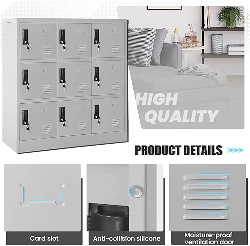 Miniatura 6 de Greenvelly Armario de almacenamiento de 9 puertas para empleados, casillero de metal para oficina, gimnasio, Shool, casillero de acero negro con