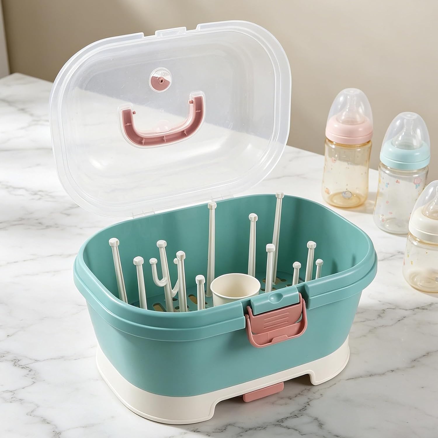 Dustproof Baby Bottle Storage Box - Reusable Draining Holder with Drain Tray and Cover for Home Travel Baby Bottle Drying and Storage Organizing