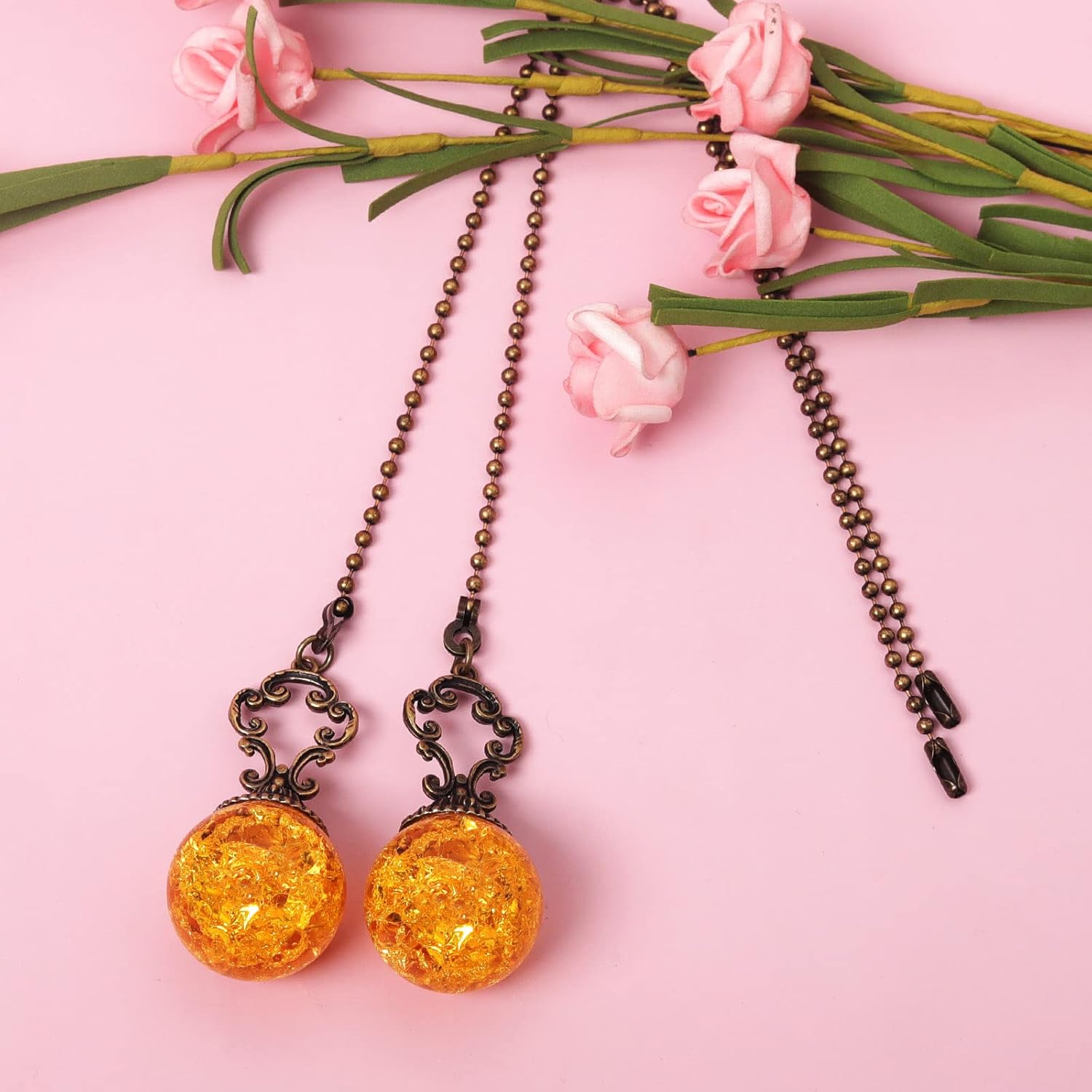 Amber Pull Chain Ceiling Fan Ornaments - 2 Pieces, 30CM Each Chain with Crystal Ice Cracked Ball