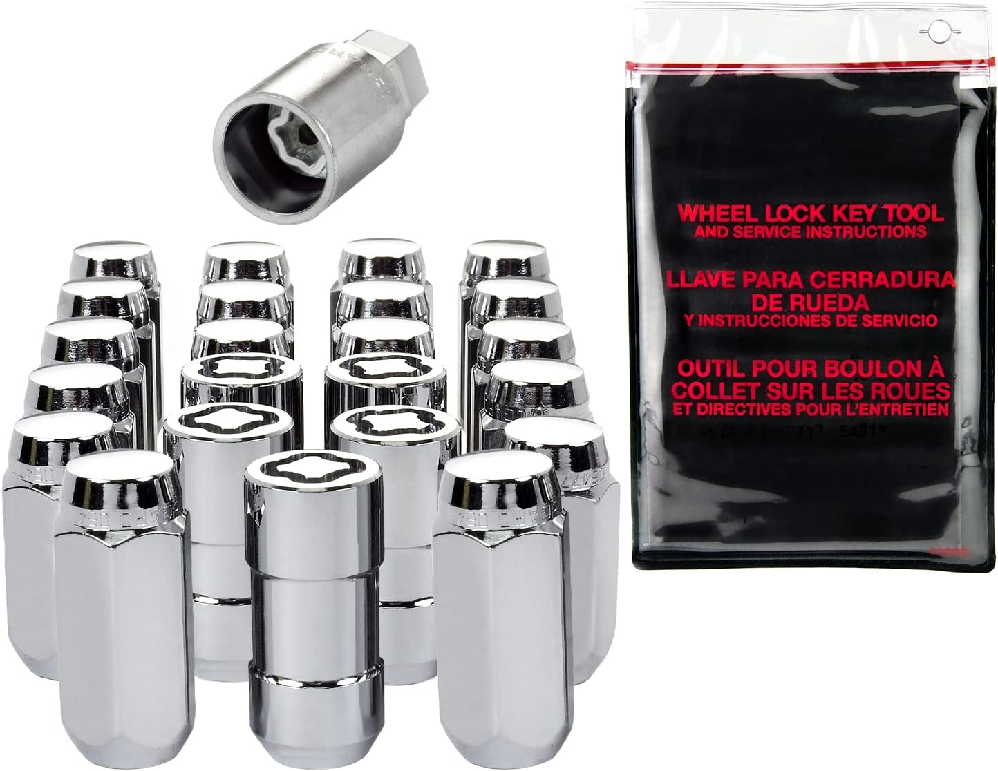 McGard 84585 Jeep Wrangler JL 23-Piece Chrome Cone Seat Wheel Installation Kit (M14 x 1.5 Thread Size); Set of 18 Lug Nuts, 5 Wheel Locks, 1 Key & 1 Key Storage Pouch
