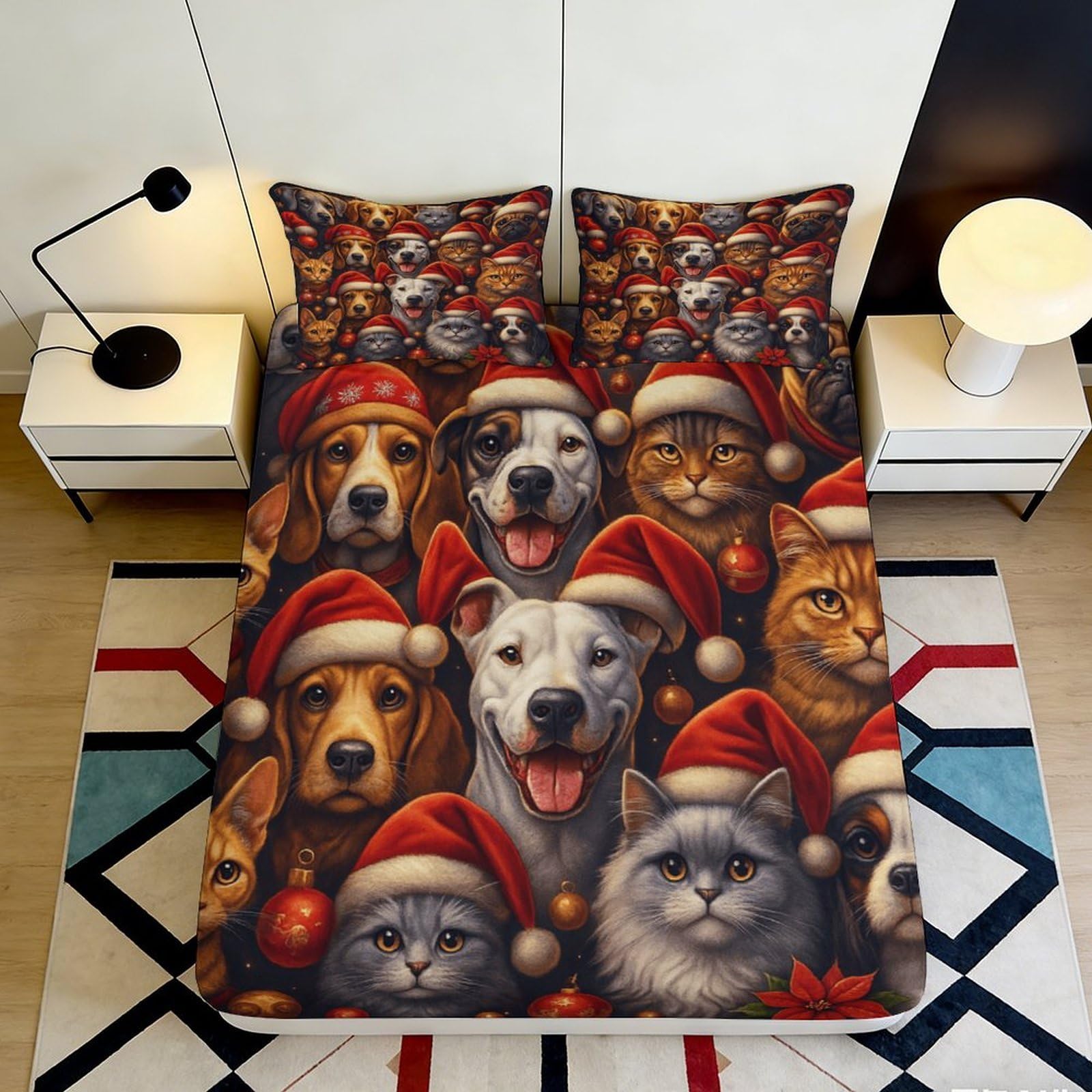 3D Printed Christmas Dog Fitted Sheet Microfiber Soft Red Santa Hat Mattress Cover for Bedroom Guest Room Decor 90x200x25cm