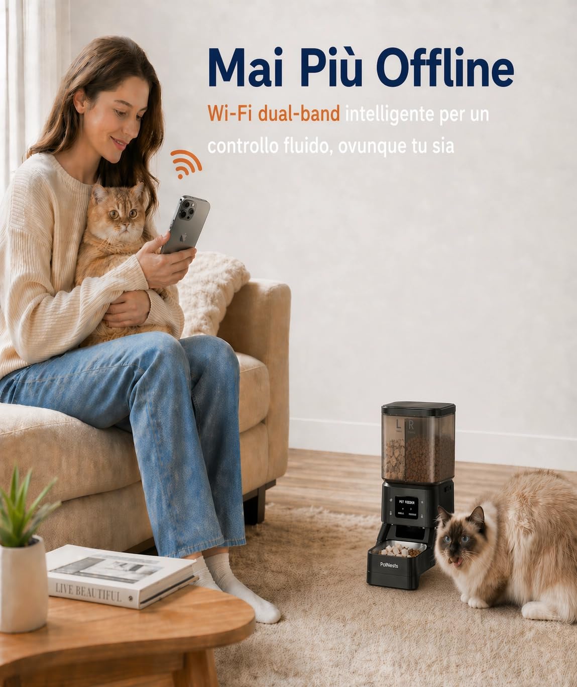 4L Distributore Automatico Cibo Gatti con Doppio Tramoggia, 5G/2.4G WiFi Intelligente Dispenser Crocchette Gatto, Controllo App, 2 Scomparto, Timer Programmabile, Ciotola in Acciaio Inox