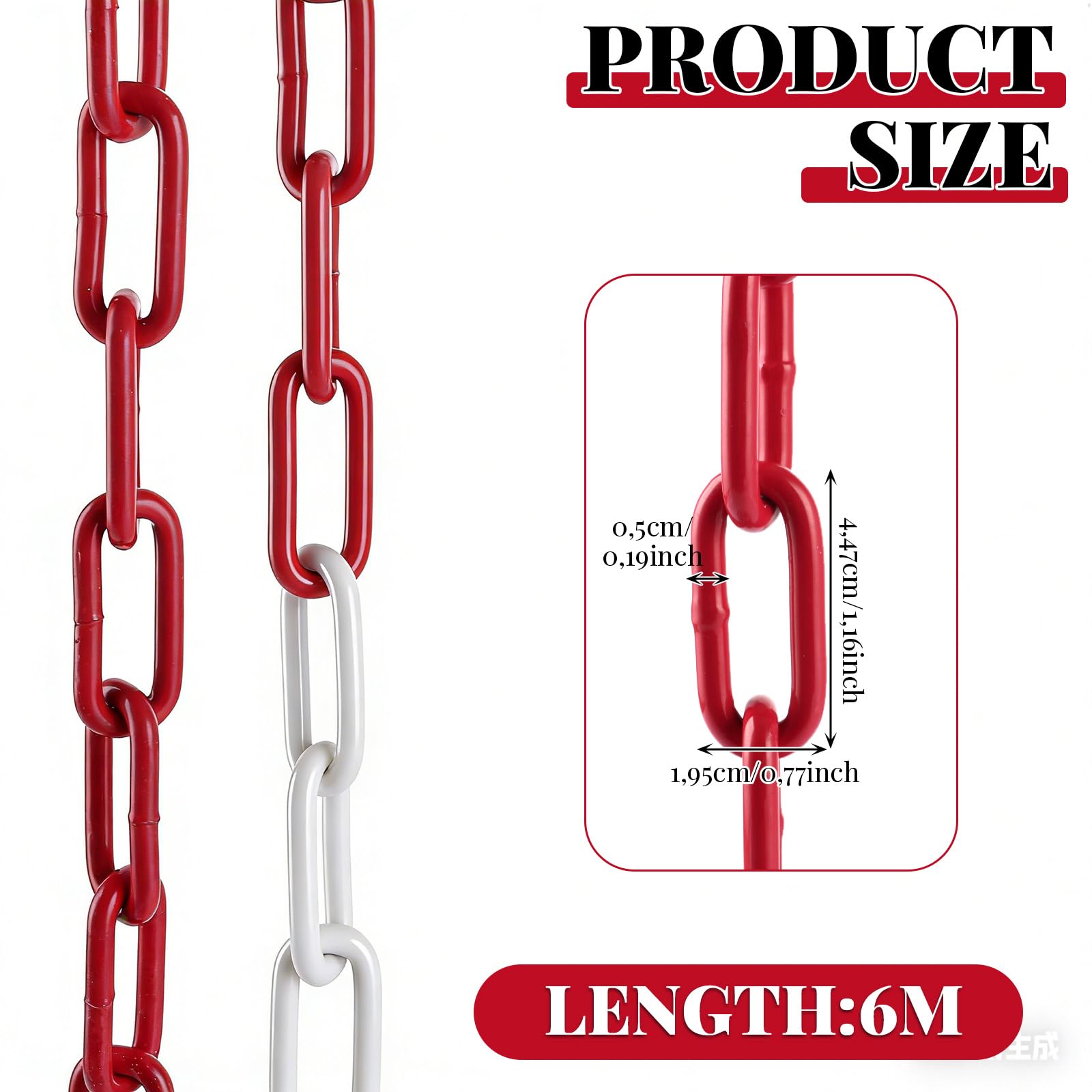 DAJAVE Catena di sicurezza in acciaio da 6 m, 5 mm, colore rosso e bianco, in acciaio zincato, catena in metallo per bloccare superfici, catena di blocco parcheggio