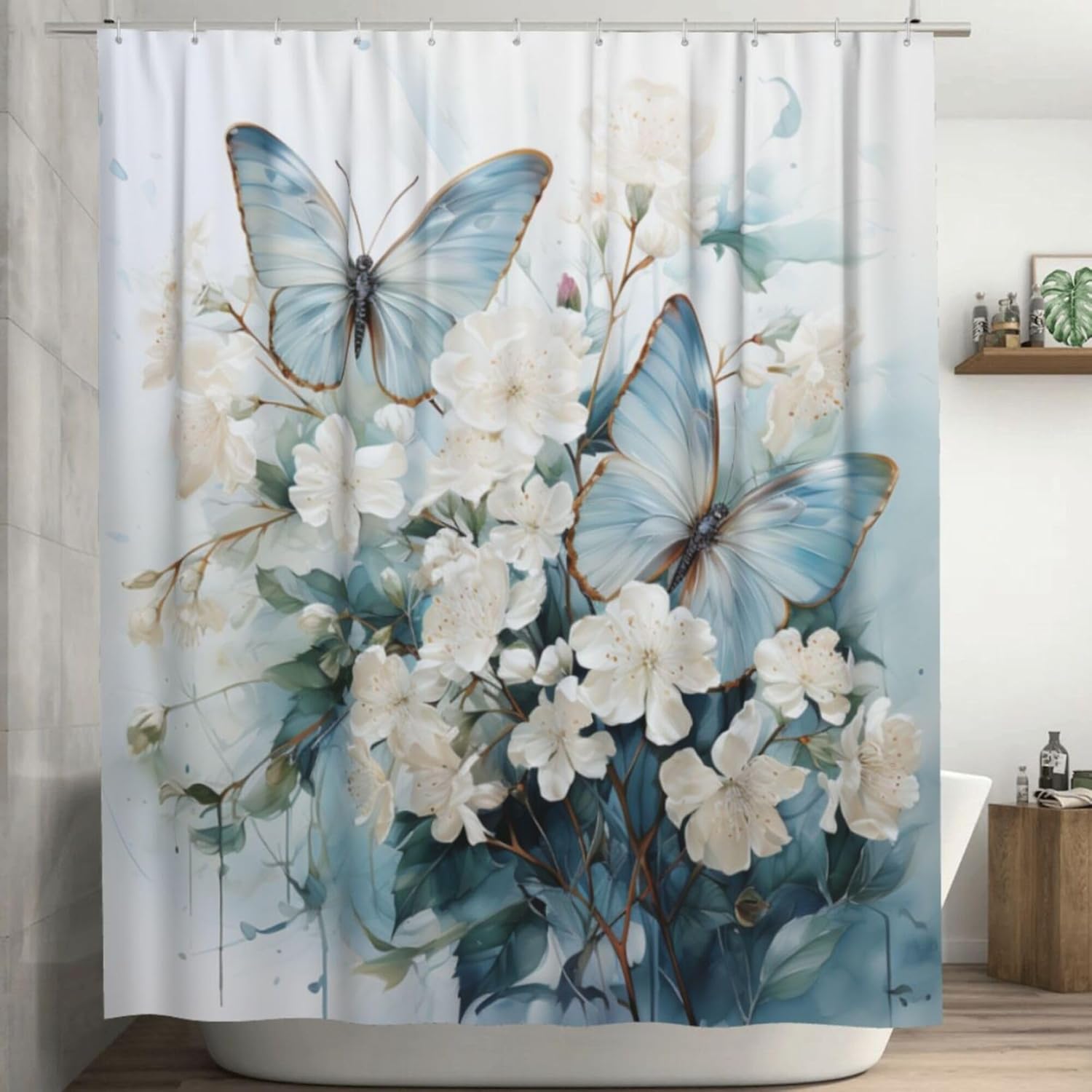 TIYAANDSY Blue Butterfly Shower Curtain for Bathroom, White