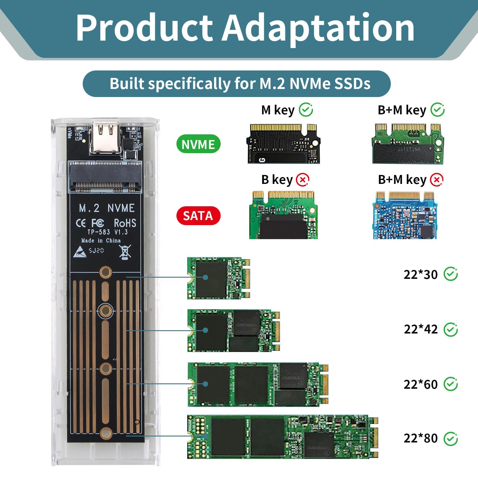 Carcasa Disco Duro SSD Adaptador M2 NVMe USB Carcasa SSD PCIe NVMe Disco Duro 10Gbps USB3.1 Gen2 Caja Disco Duro Lector para 2230/2242/2260/2280 NV-Me y S-ATA M-Key / B + M Key con Cable USB — view 7