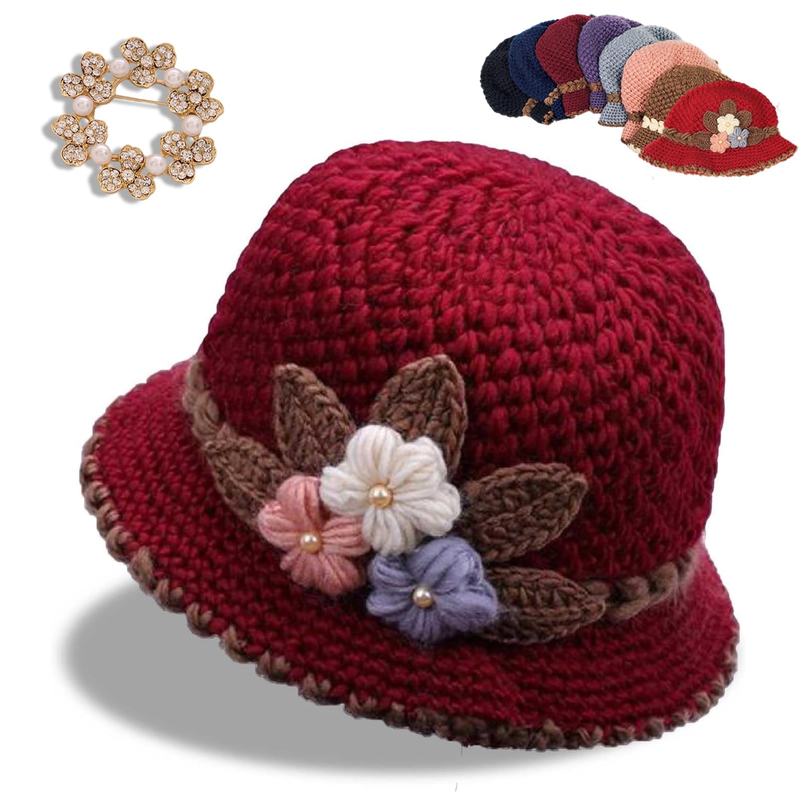 HOPASRISEE Women's Flowers Knitted Woolen Hat, Women's Classic French Beret Warm and Windproof Knitted Crochet Flower Knitting Hat, Breathable Knit Skullcap Ladies Winter Hats (Wine Red)