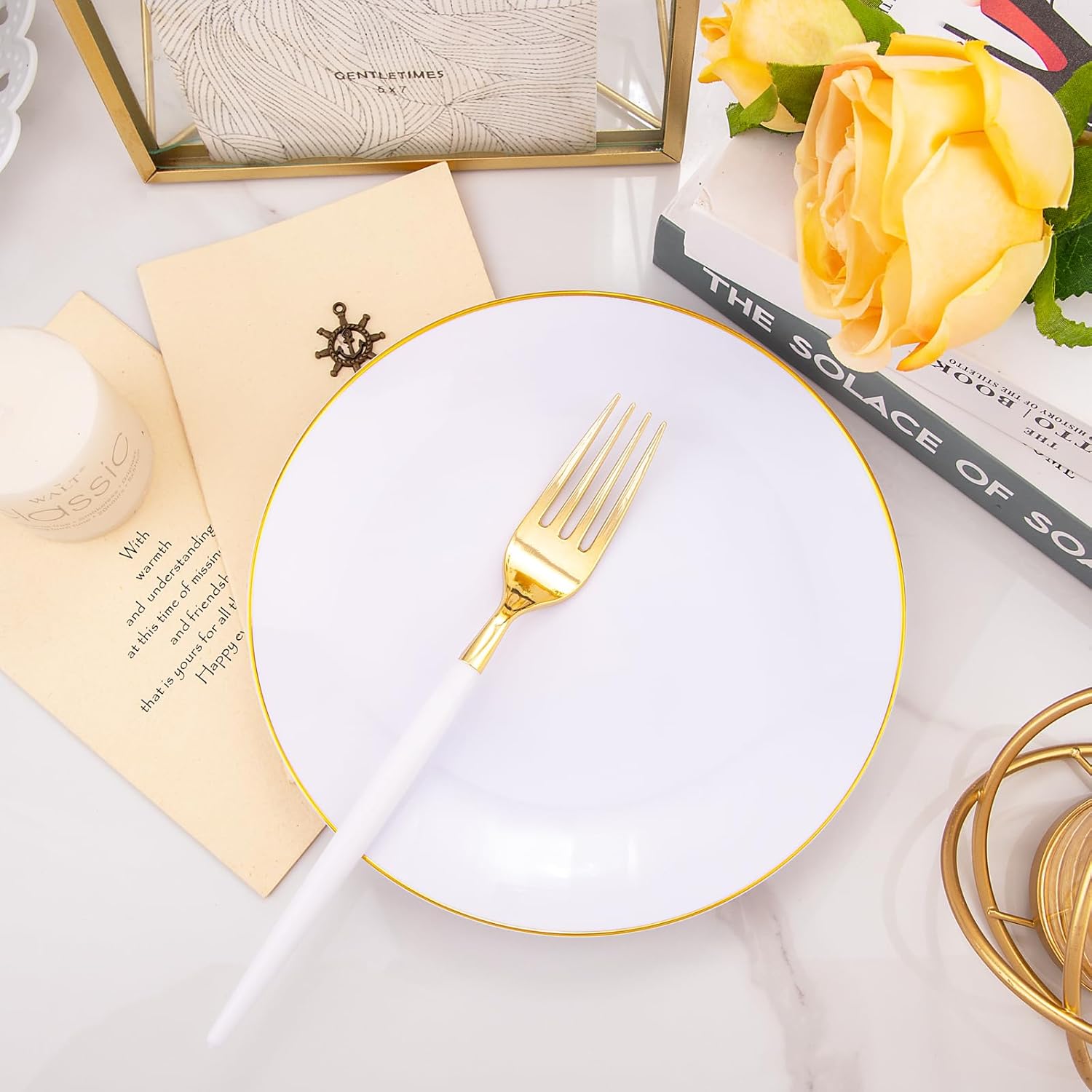 I00000 72PCS White Plastic Dessert Plates 7.5" with 72PCS Disposable Forks 8.5", Disposable White Dessert Plate, Fancy Salad Plates with Gold Rims Perfect for Wedding