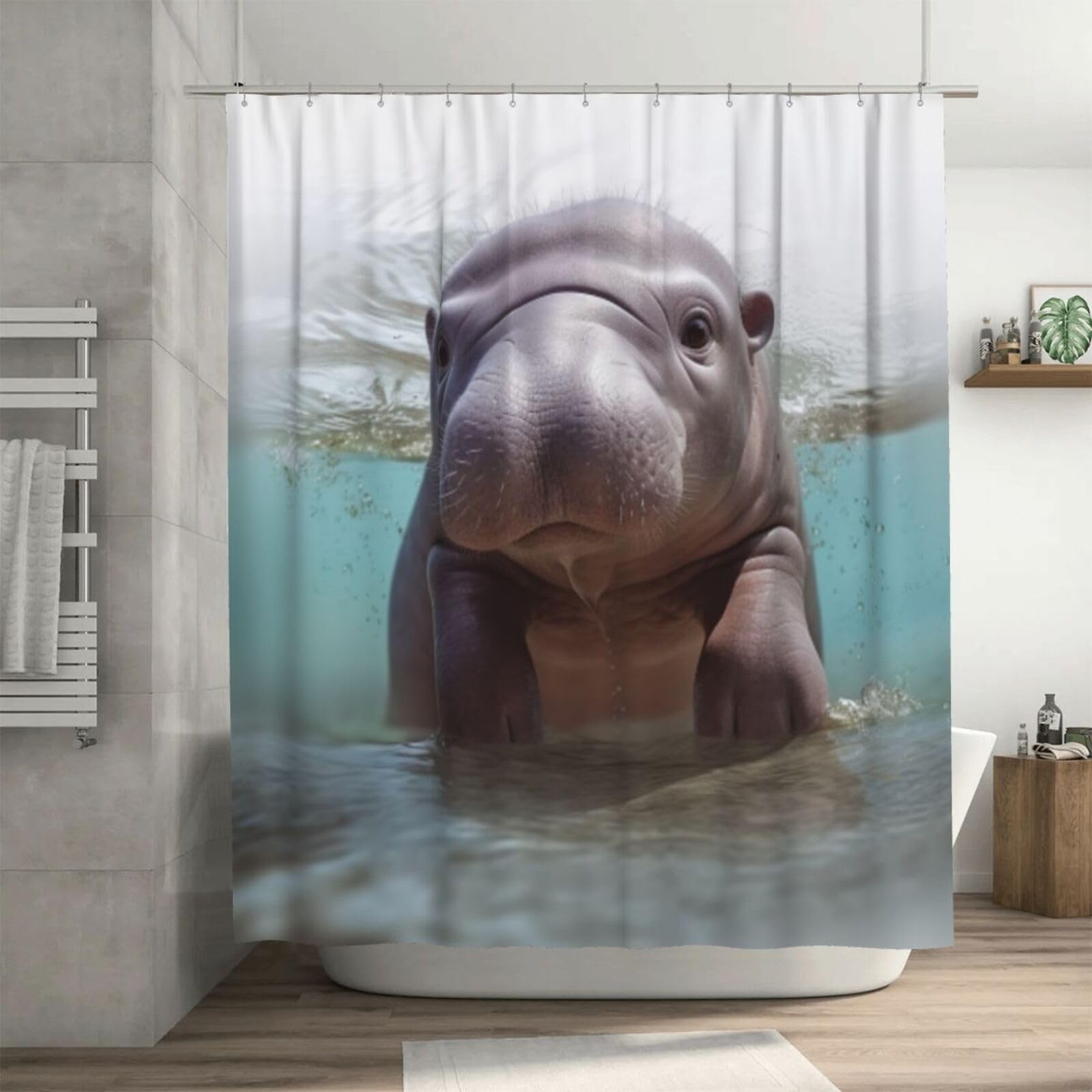Rideau de douche anti-éclaboussures lavable en machine motif hippopotame
