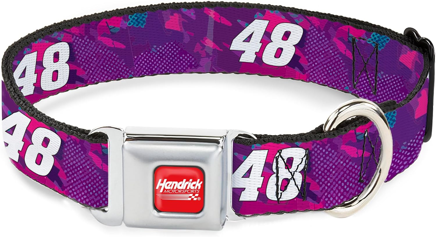 Hendrick Motorsports Pet Collar, Dog Collar Metal Seatbelt Buckle, Alex Bowman #48 Car Scheme Purples Pinks White, 15 to 24 Inches 1.0 Inch Wide