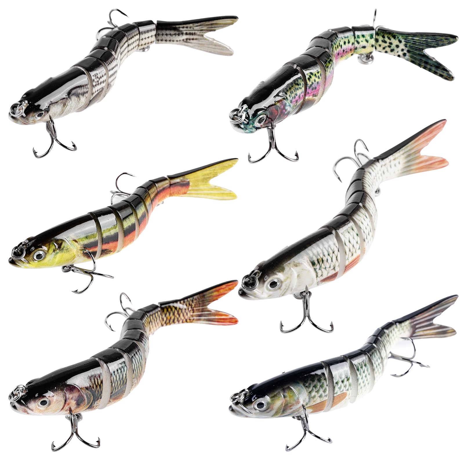 Lot de 6 Leurres de Peche Artificiels, Article de Peche pour Brochet, Leurres Realistes pour Sandre, Perche, Truite, Swimbait pour Eau Douce et Eau Salee