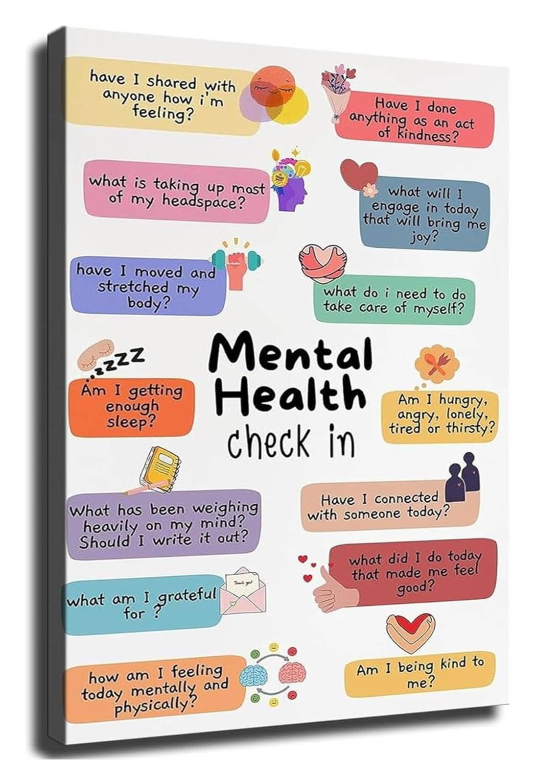 ZDVHOMCB Mental Wellness Support Poster Self Care Reflection Questions for Mindful Room Decor Framed,12x18inch(30x45cm)