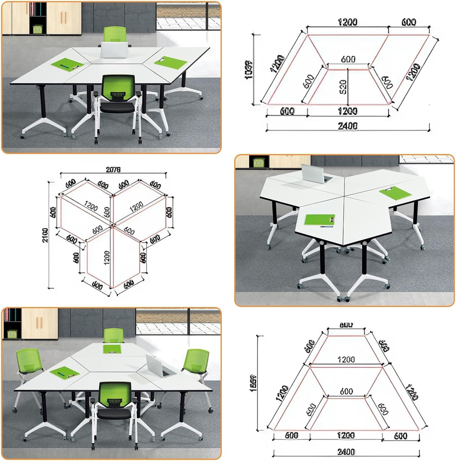 Conference Room Table Foldable Flip Top Mobile Training Table,combinable trapezoidal Conference Table Computer Desk,Metal Frame,with Modesty and Lockable Wheels Seminar Training Tables (6PCS)