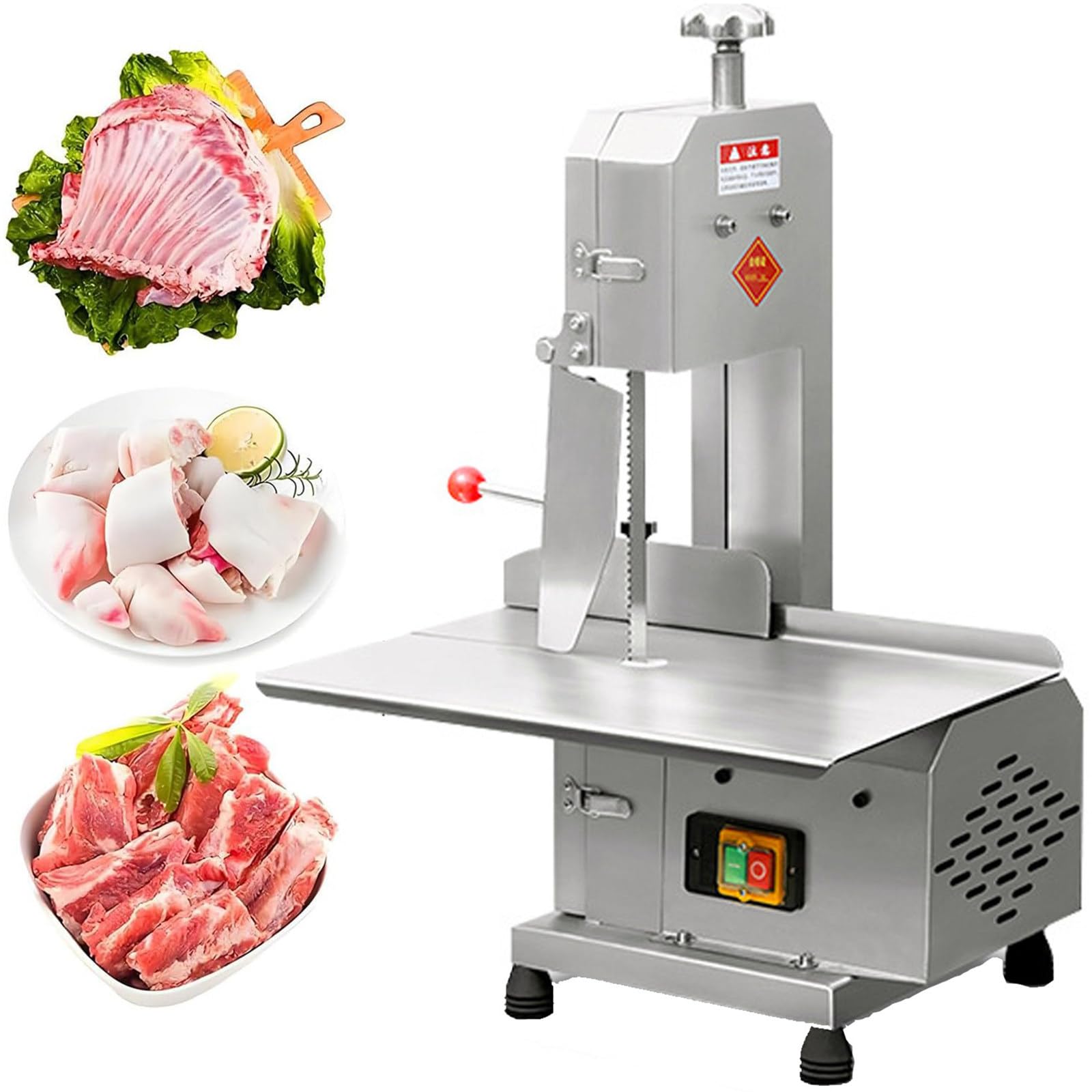 Sierra de Cinta eléctrica Comercial para Carne 750 w Acero Inoxidable,máquina Cortar Huesos,Trabajo 32,2 cm x 47 cm, Ancho máximo de Corte 0-13 cm, cortadora Carne congelada