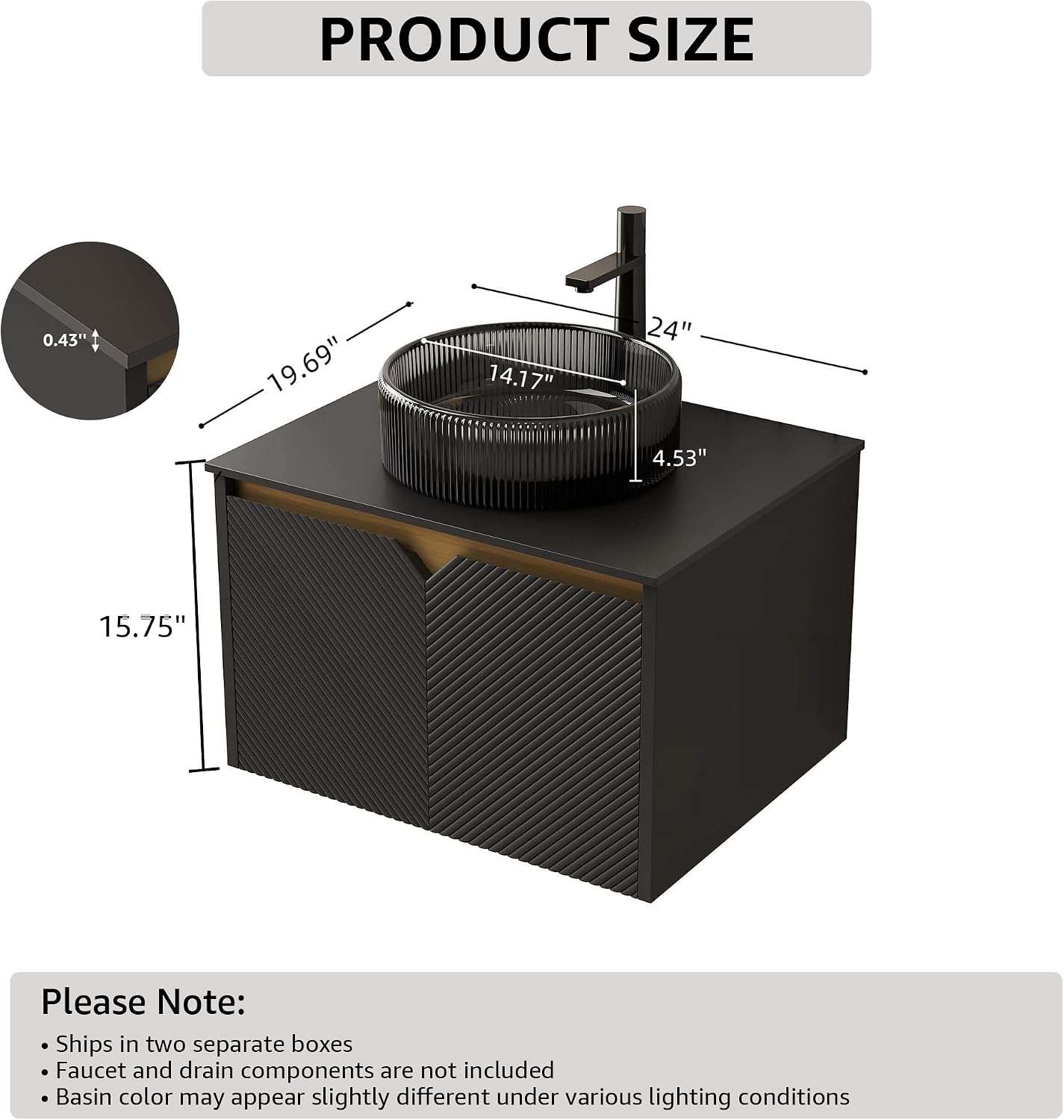 24 Inch Floating Bathroom Vanity with Sink, Wall Mounted Modern Vanity Cabinet with Fluted Doors, Black Sintered Stone Top, Ribbed Black Glass Vessel Sink, Soft Close Storage, Black