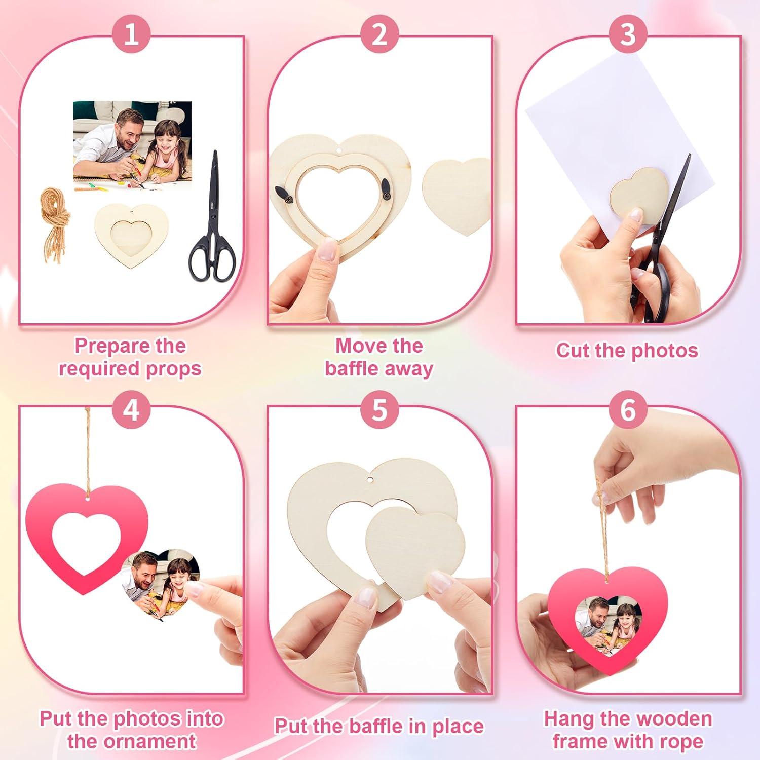 BreezeHug 36 Sets Heart Crafts DIY Picture Frames Kit Unfinished Wooden Photo Frame Ornament with Rope Mother's Day Party Decoration Art Gift for Classroom Exchange Home Favor Valentines Supplies