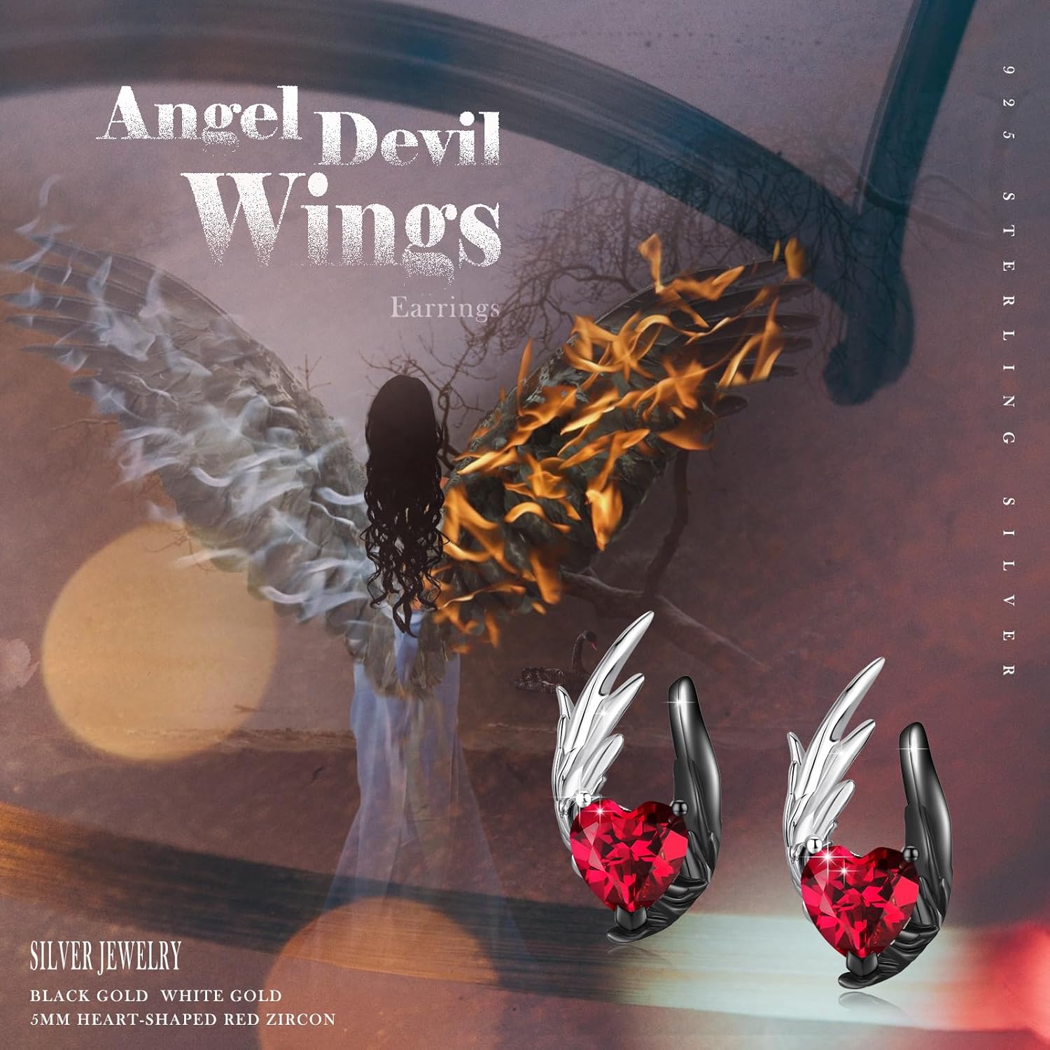 Angel Devil Studs Earrings for Women 925 Sterling Silver Black and White Yin Yang Wings Earring Jewelry Gifts for Birthday Mother's Day Anniversary Christmas