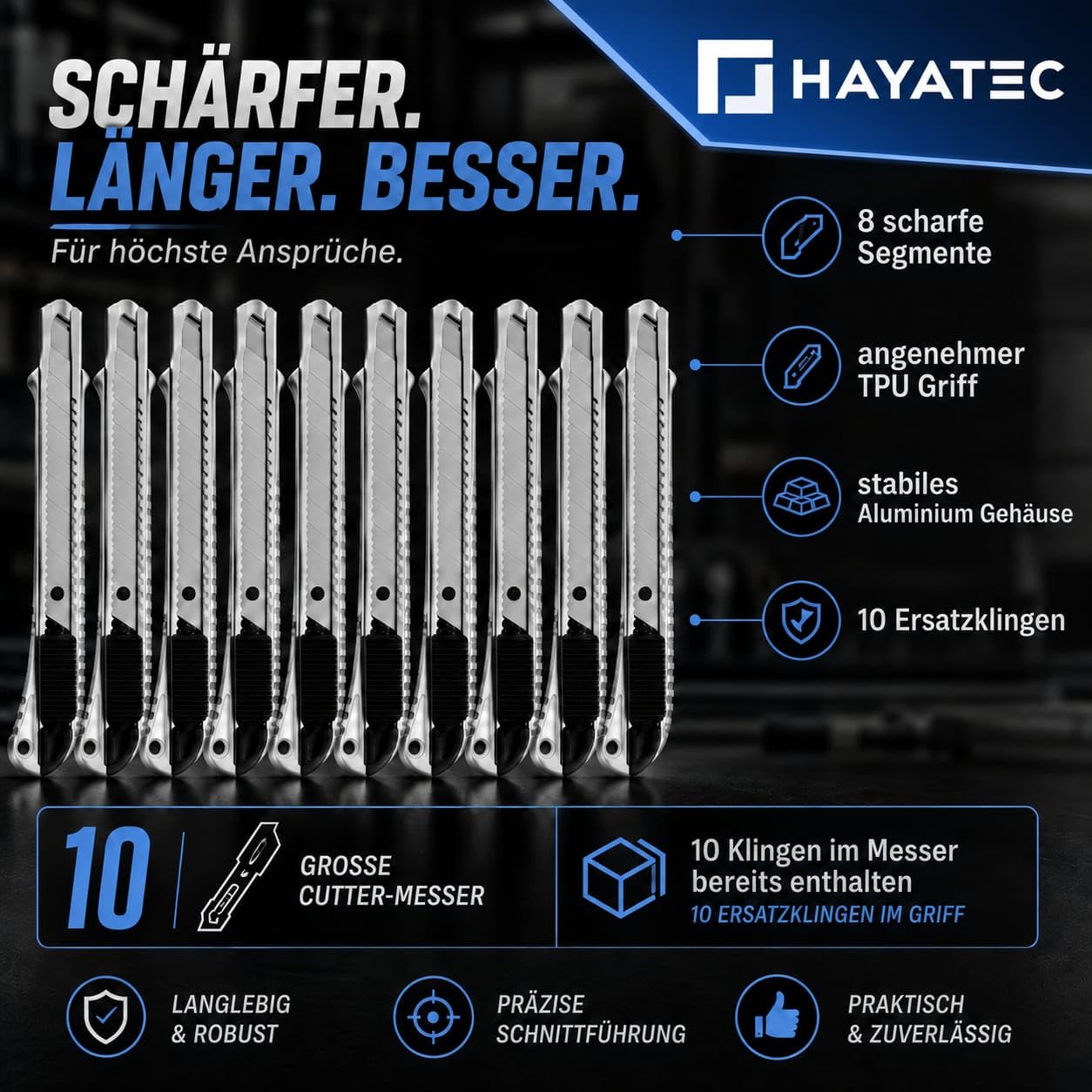 HAYATEC 10 cúteres profesionales de aluminio de 18 mm con 100 cuchillas separables SK5 multiusos
