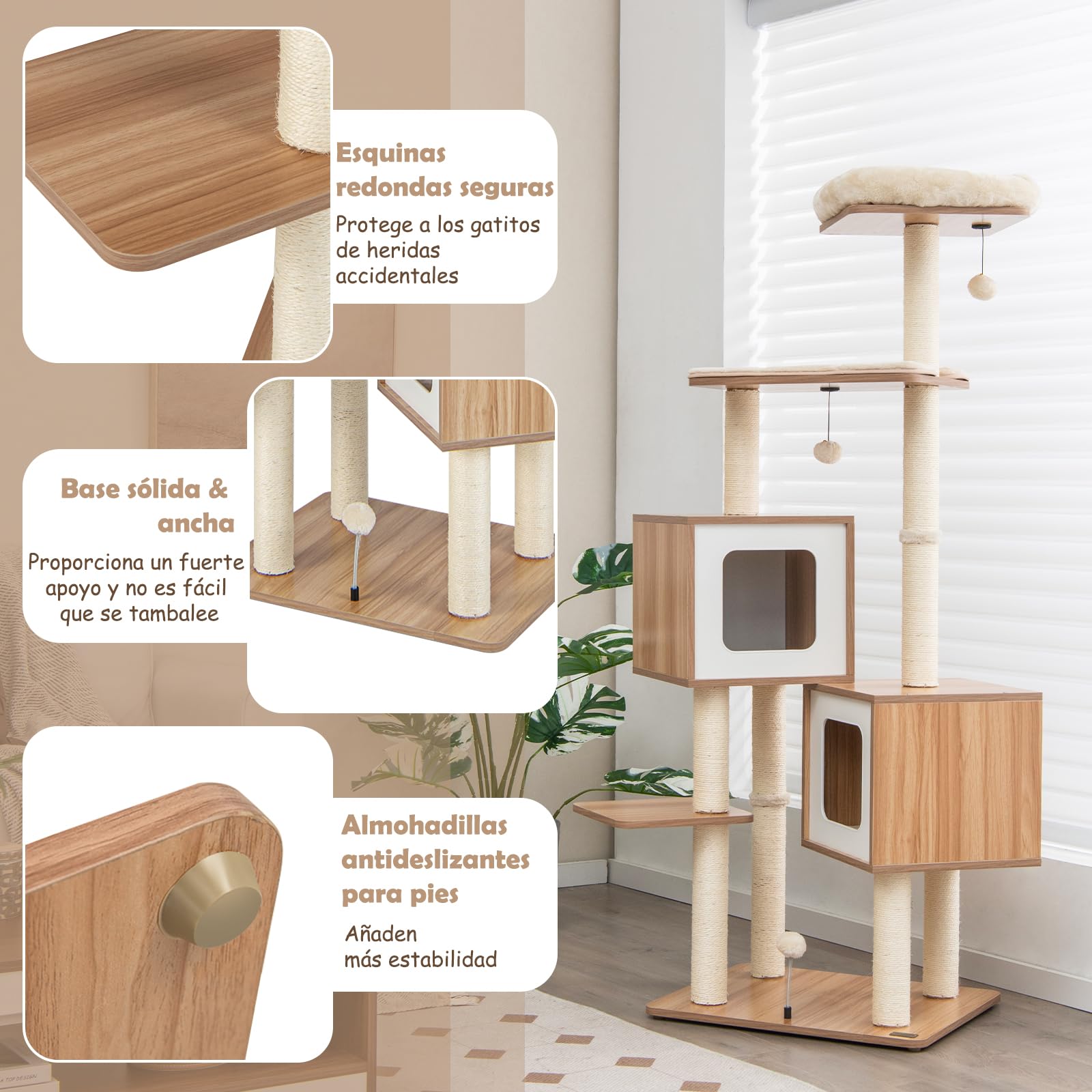 GOPLUS Árbol para Gatos de Varias Capas de 163 cm, Torre de Actividades para Gatos Escaladores en Interiores con Postes para Rascar, Plataforma Acolchada, 2 Condominios, 3 Bolas