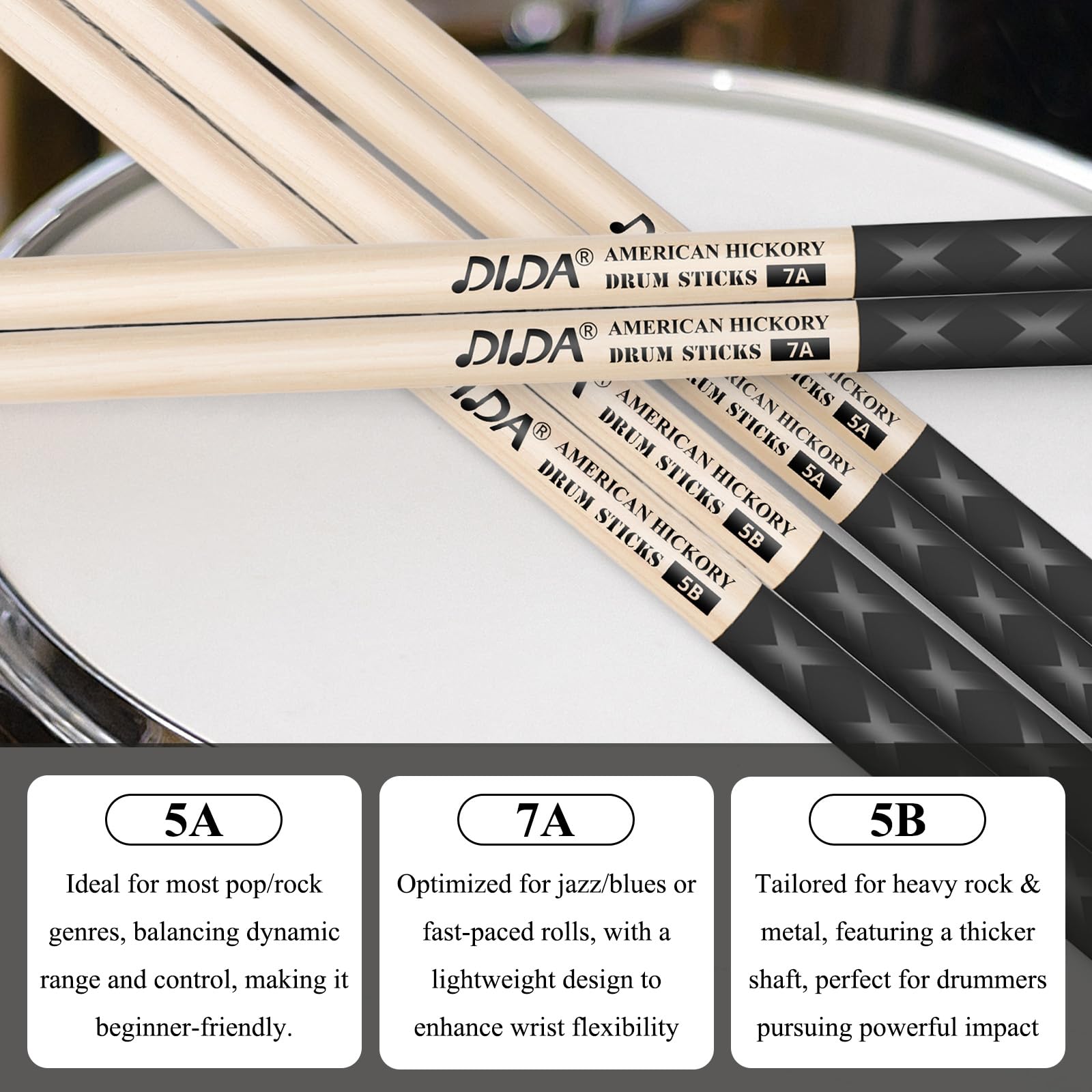 Baquetas para batería, madera maciza natural, equilibrio de peso, agarre antideslizante, actuación en vivo y kit de batería, accesorios de práctica, baquetas para principiantes profesionales (nogal