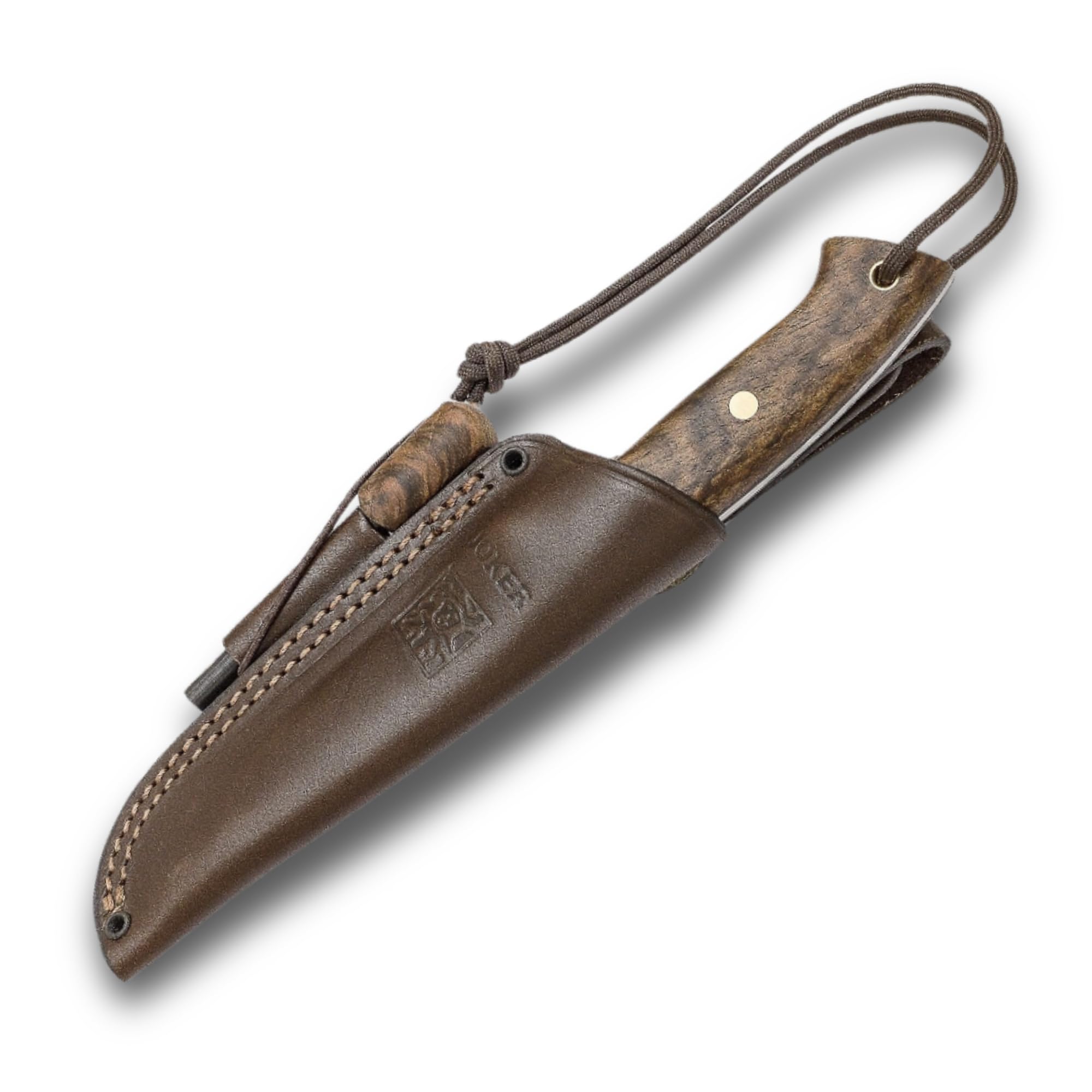 Joker Ranger CN144-P Bushcraft Knife, 4.3 in Stainless Steel Fixed Blade, Walnut Wood Handle, Brown Leather Sheath with Ferro Rod for Hiking, Camping, Fishing, Hunting and Survival