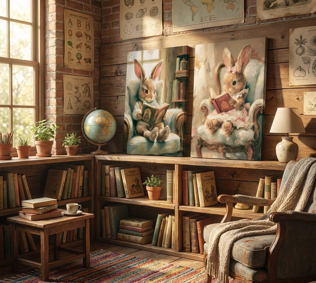 Condition photo showing New/Like New for rabbit reading canvas wall art set, cute bunny animal painting prints, vintage storybook style nursery decor, whimsical woodland wall decor for kids room bedroom living room 12x16in ready to hang bunny 16"l x 12"w
